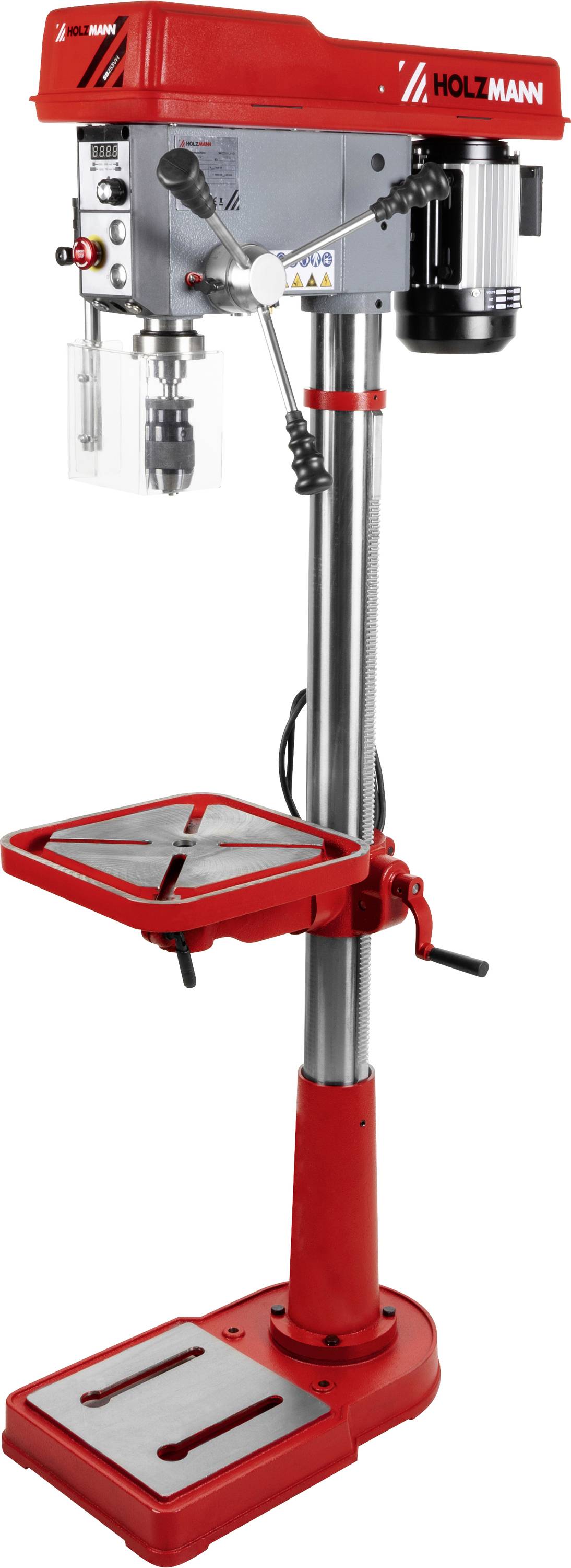 Eine rote und silberne Standbohrmaschine mit Fuß, verstellbarem Tisch und Motor, die für präzise Bohraufgaben in Metall oder Holz verwendet wird.