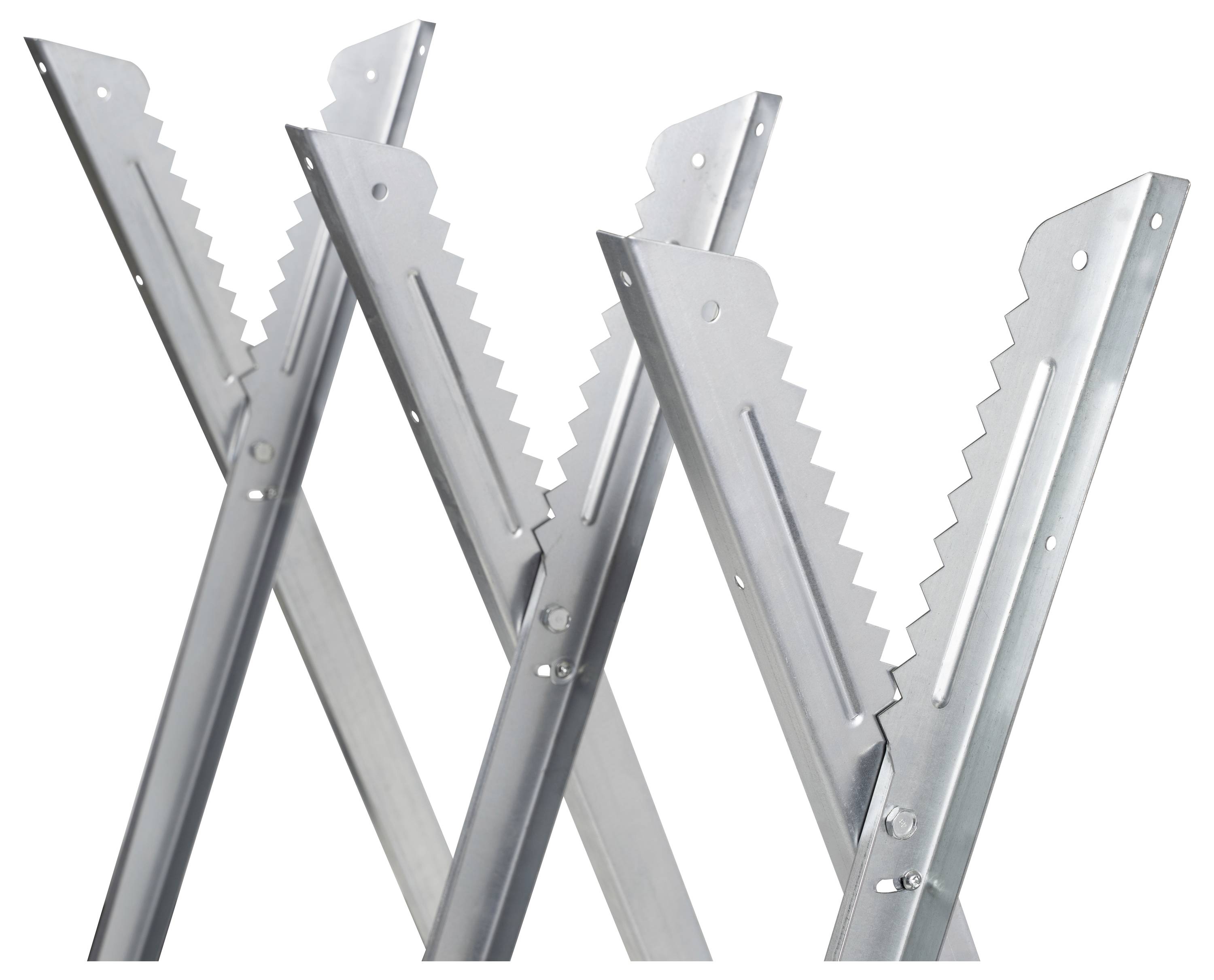 Drei metallische Sägezahnhalterungen, die in einer Reihe angeordnet sind und zur Unterstützung von Innenstrukturen oder Regalen verwendet werden.