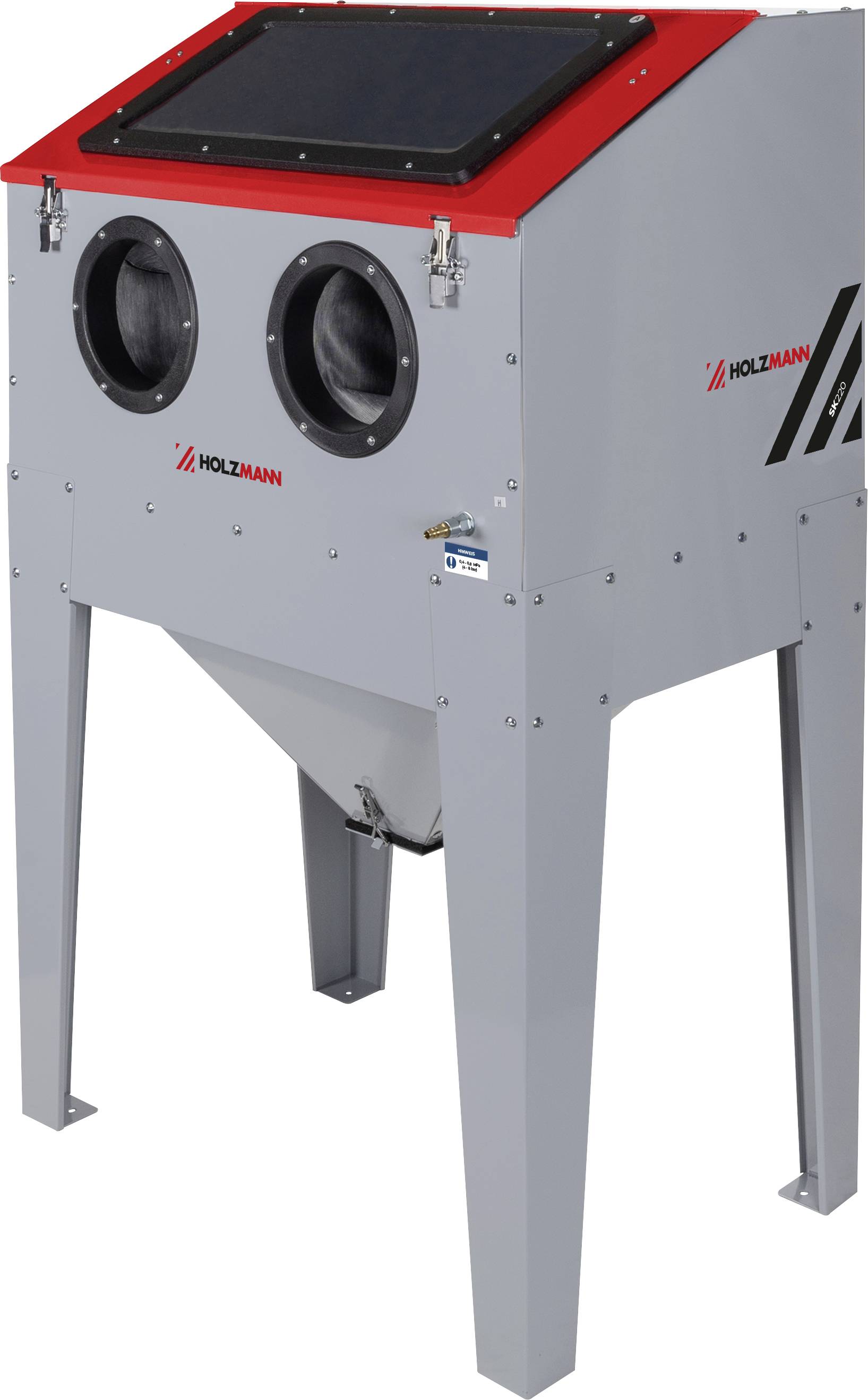 Sandstrahlkabine von 'Holzmann' mit rotem Deckel, zwei kreisförmigen Handöffnungen und quadratischem Sichtfenster für sicheres Sandstrahlen.