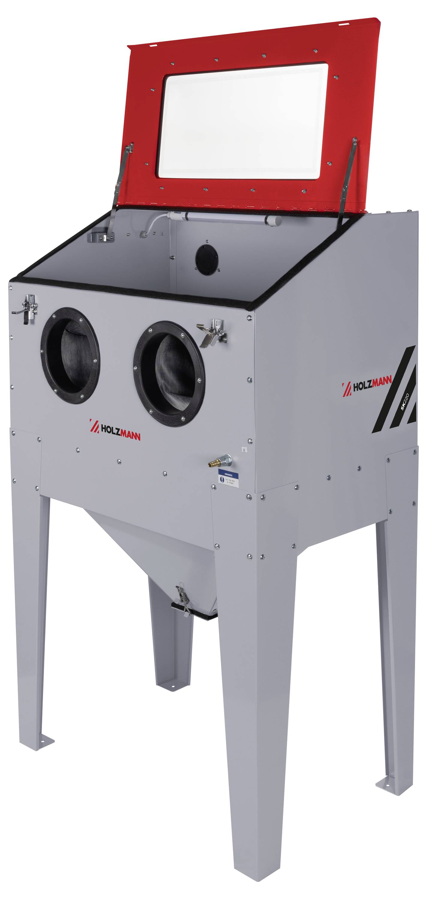 Sandstrahlkabine mit zwei Gummihandschuh-Anschlüssen, großem Glasbeobachtungsfenster und rotem Deckel. ‚HOLZMANN' Logo an der Seite.