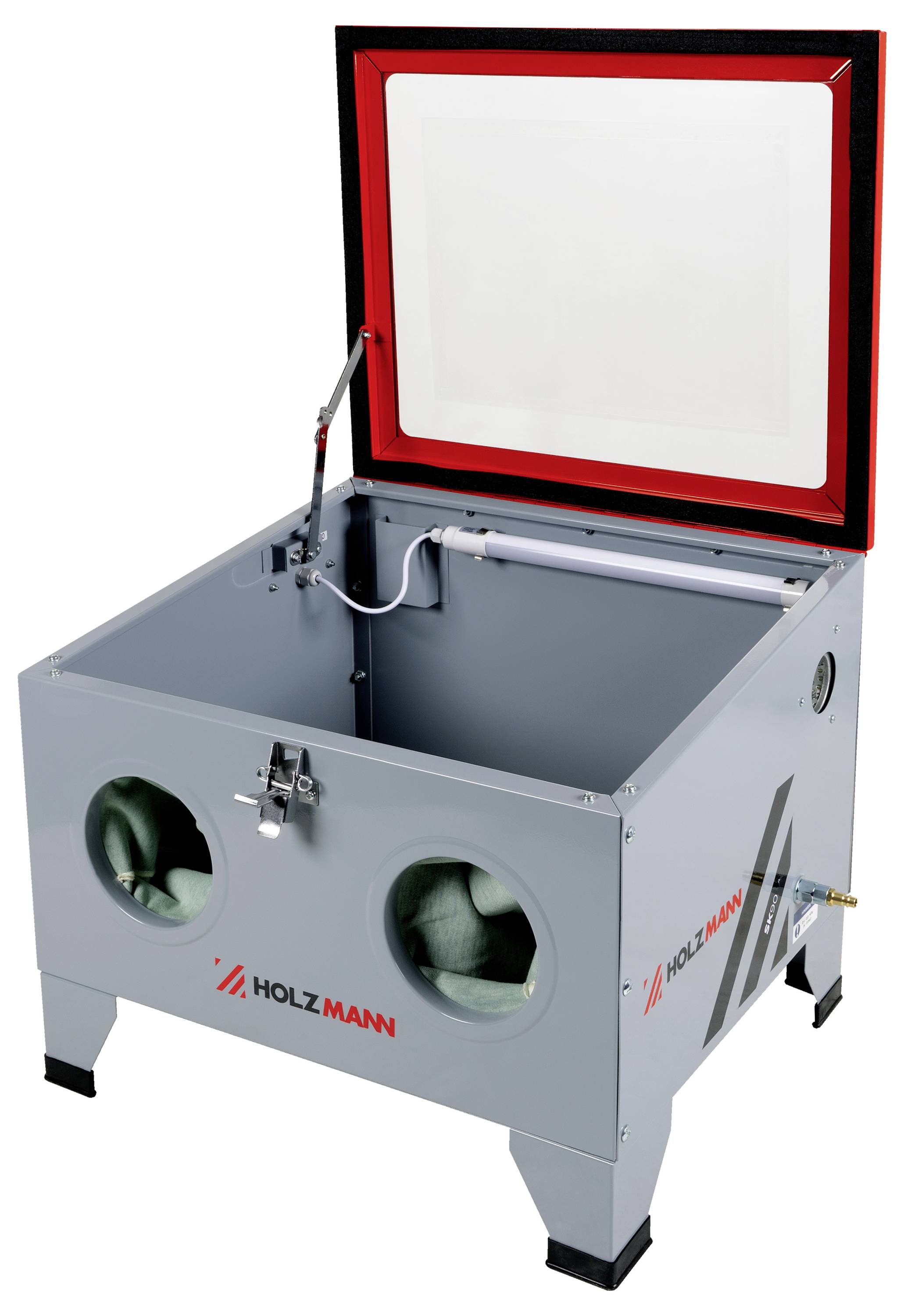 Ein Metallstrahlkabinett mit einem transparenten Deckel, beschriftet mit 'Holzmann', ausgestattet mit zwei Handschuhlöchern für manuelle Bedienung und einem Leuchtstofflicht im Inneren.