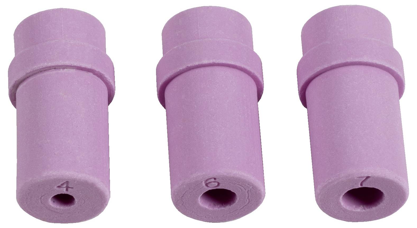 Drei rosa Keramikdüsen, nummeriert mit 4, 6 und 7, für TIG-Schweißen, aufrecht gegen einen weißen Hintergrund positioniert.
