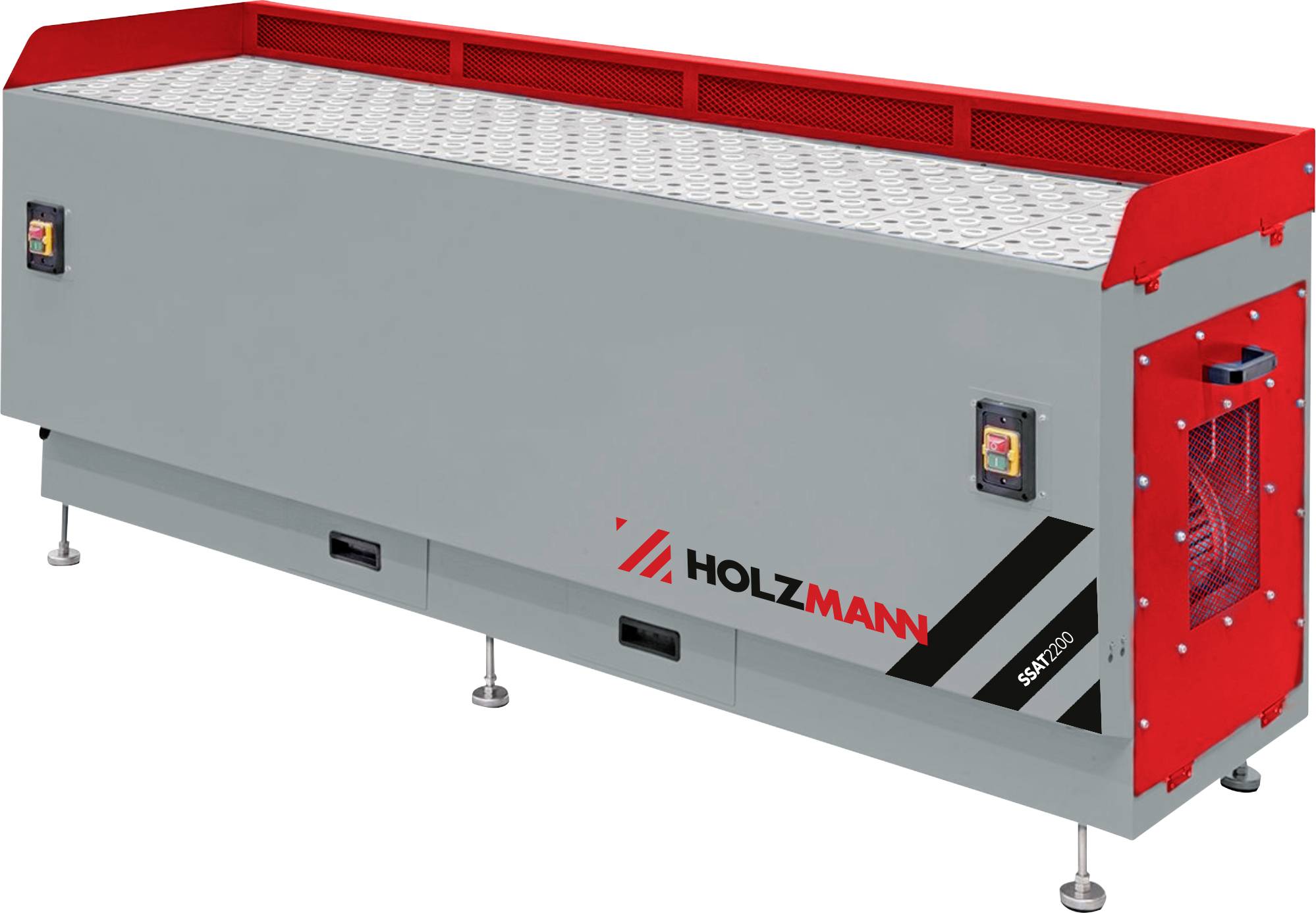 Eine rechteckige Werkbank mit einem roten Belüftungssystem und grauem Gehäuse, beschriftet mit 'HOLZMANN'. Sie steht auf verstellbaren Beinen für Stabilität.