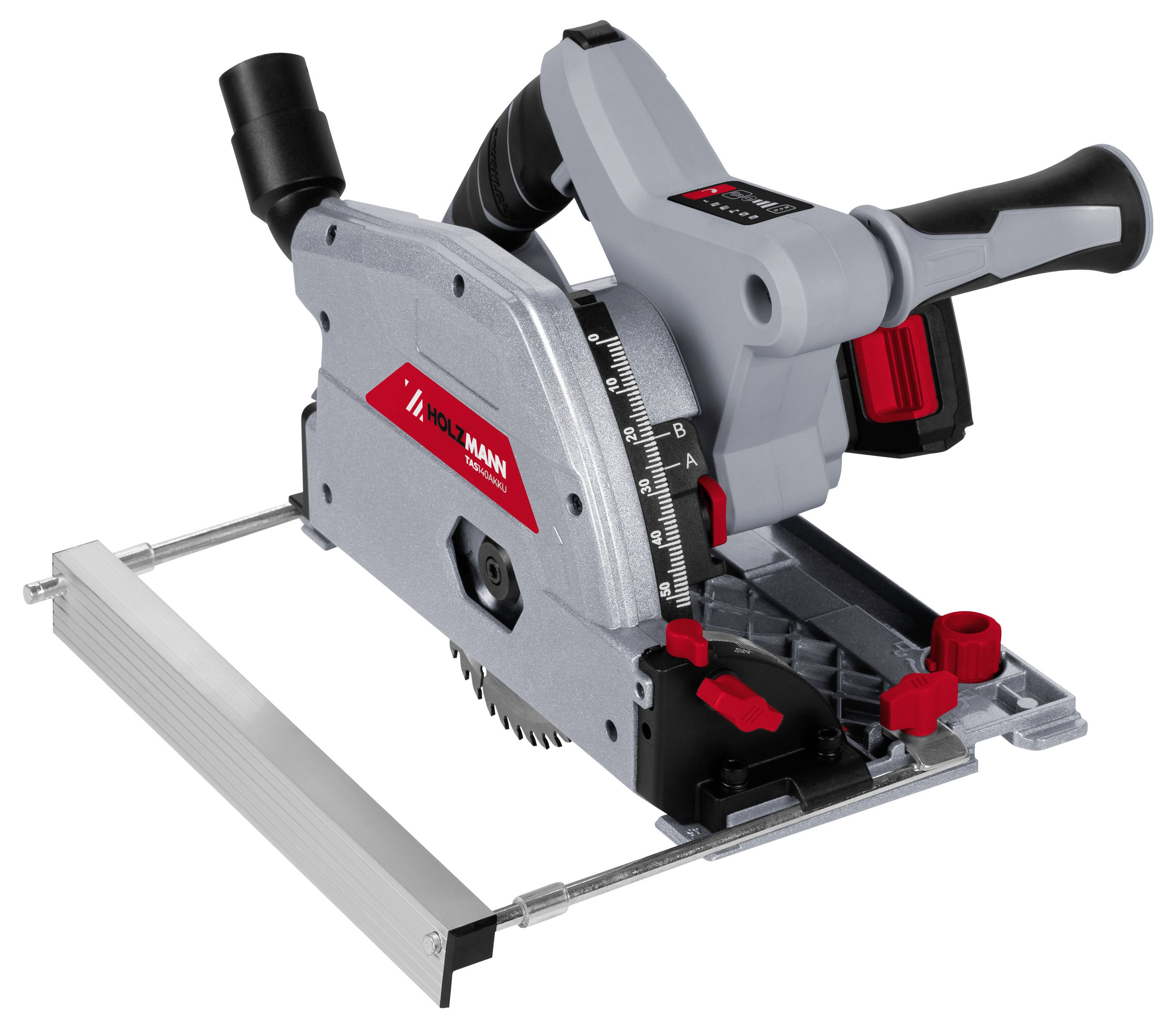 Eine graue und rote Kreissäge verfügt über eine verstellbare Führungsschiene für präzise Schnitte. Der Griff weist ergonomische Griffelemente für Benutzerkomfort auf.