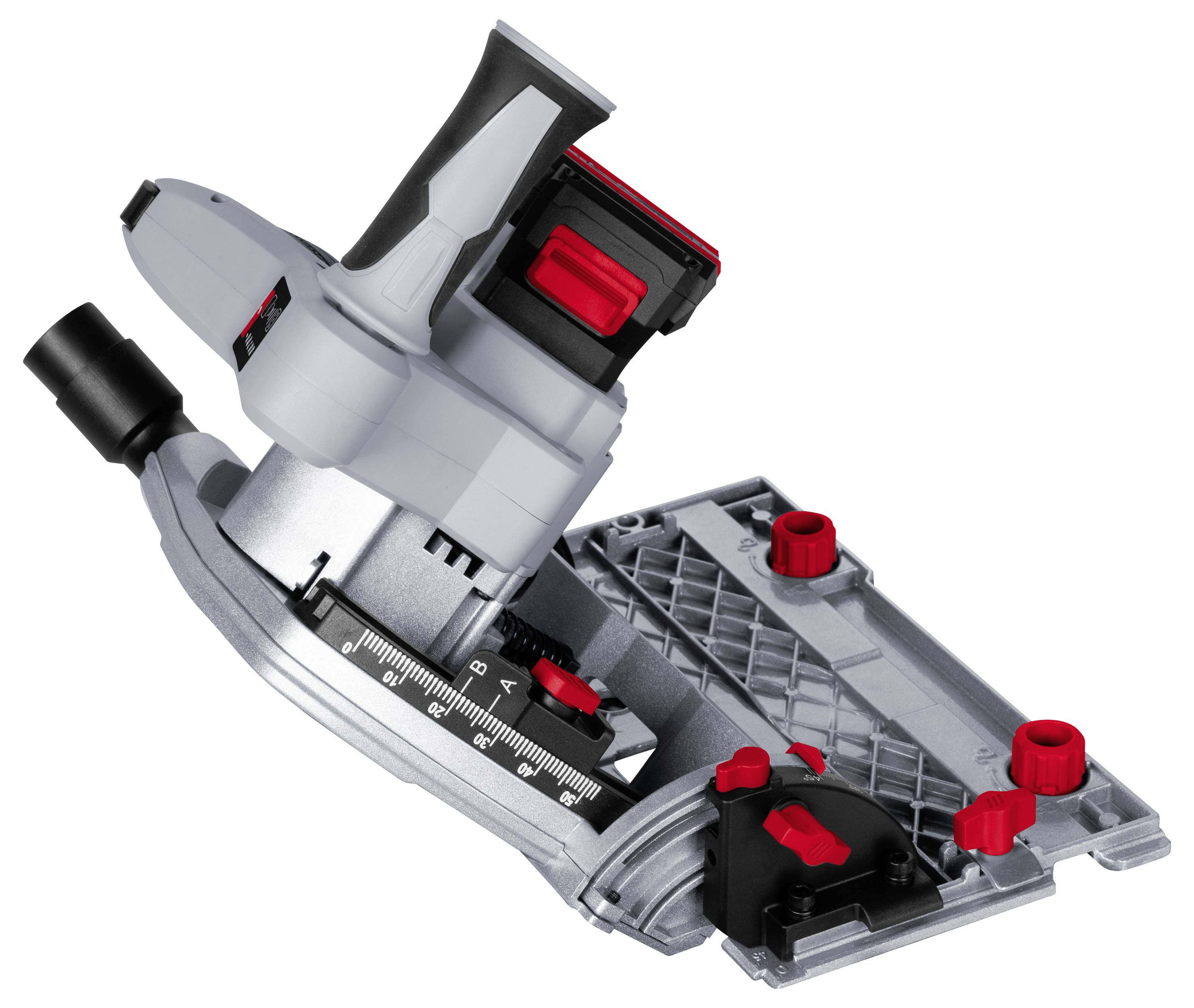 Eine Nahaufnahme eines Dübelbohrers mit verstellbaren Einstellungen, der rote und schwarze Bedienelemente zeigt und für Holzverbindungen verwendet wird.