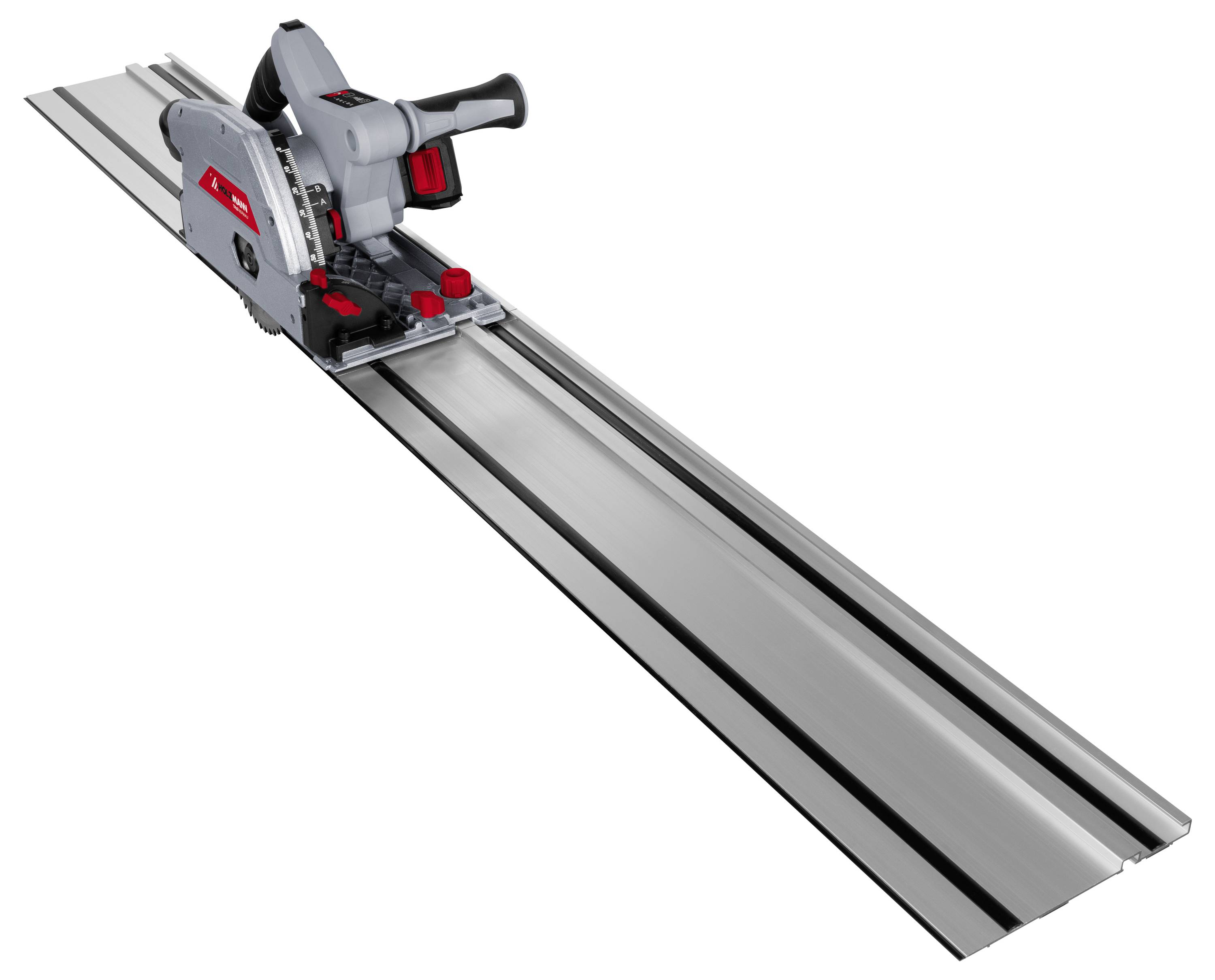 Eine Kreissäge mit einer verlängerten Führungsschiene für präzise Schnitte. Die Säge ist grau mit roten Akzenten und sitzt auf einer langen Metallschiene.