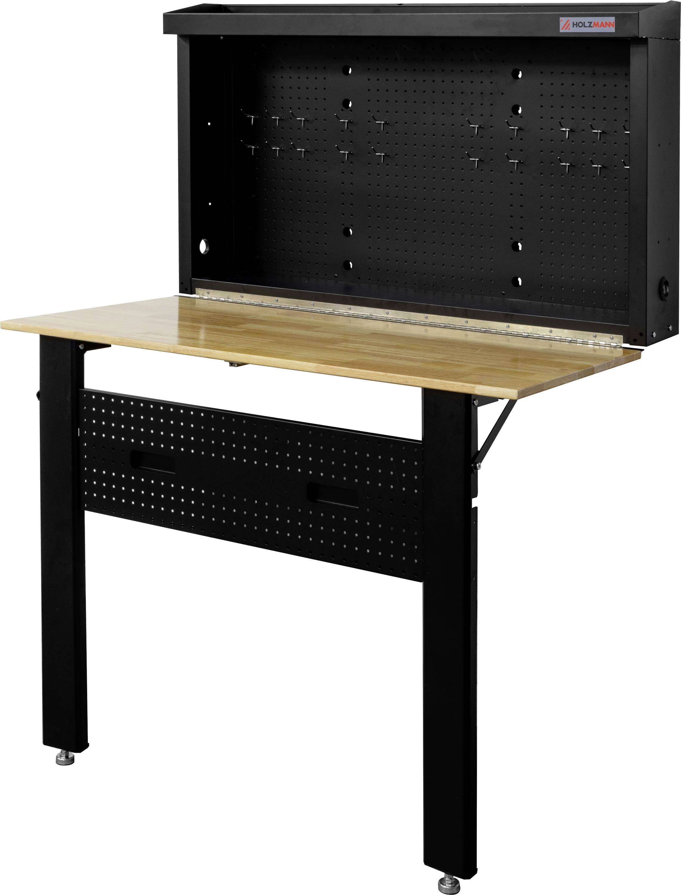 Eine schwarze und hölzerne Werkbank mit einer Lochplattenrückwand, mehreren Haken und zwei unteren Schubladen, geeignet für die Organisation von Werkzeugen in einer Werkstatt.