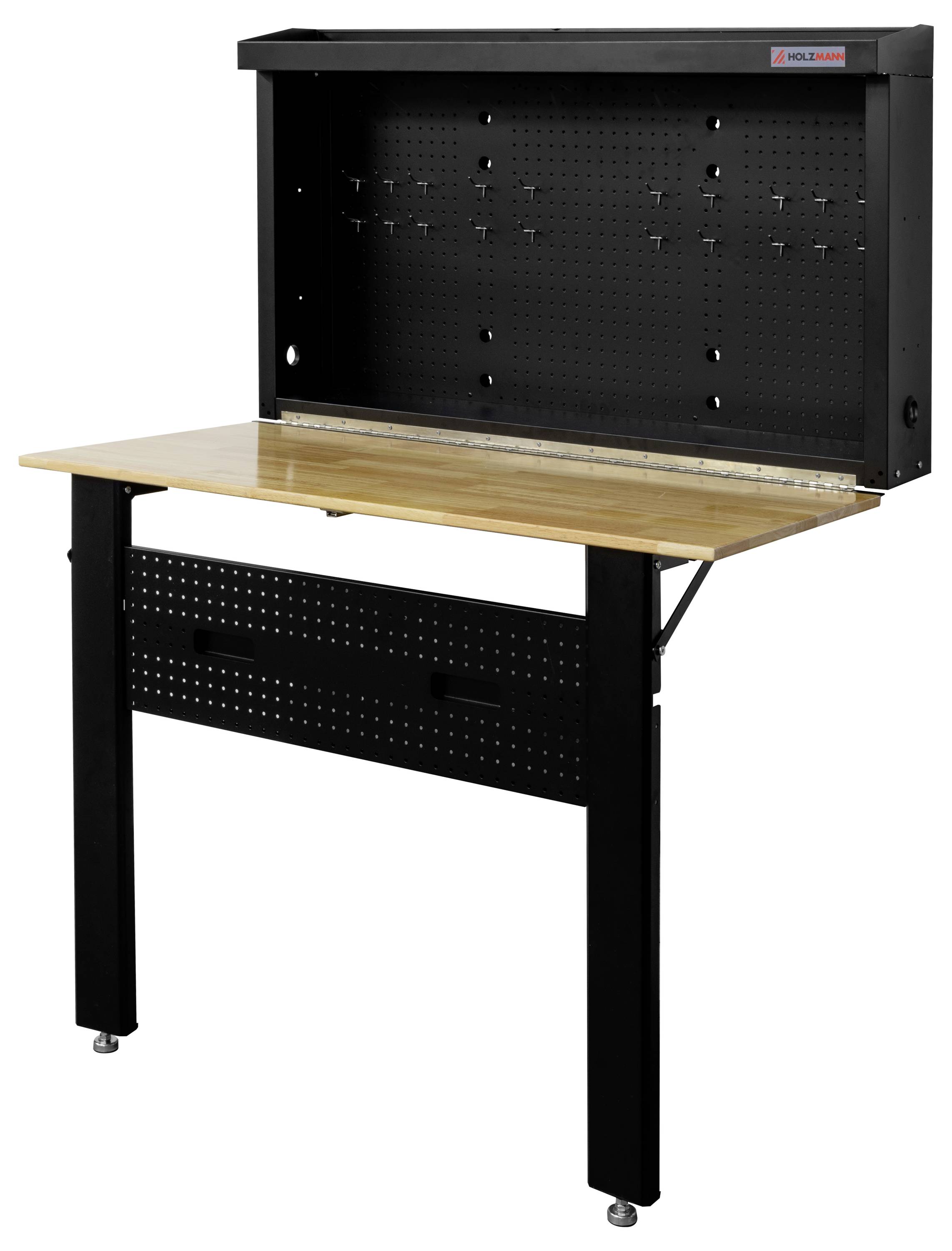 Werkbank mit einer Holzarbeitsplatte, schwarzen Metallbeinen und einer schwarzen Lochwand als Rückwand mit Haken zum Aufhängen von Werkzeugen.