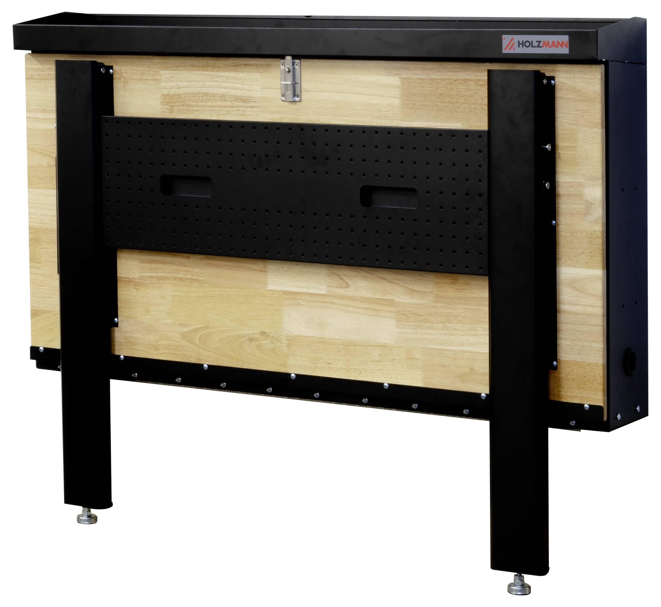 Eine Werkbank aus Holz und Metall mit schwarzen Beinen, die ein zusammenklappbares Design zur Platzersparnis aufweist. Sie verfügt über ein Schloss und zwei Griffe an der Vorderseite.