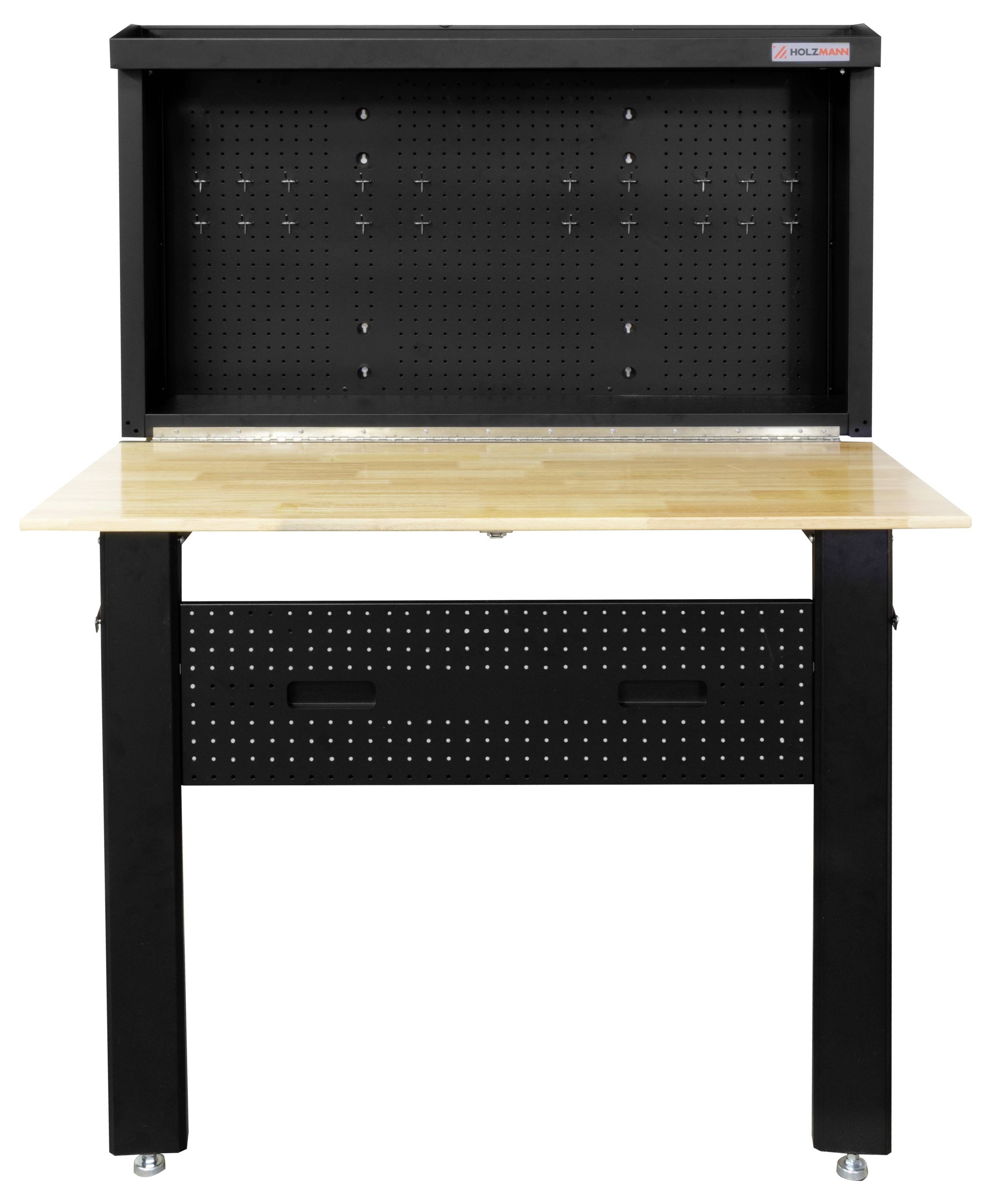 Eine Holzarbeitsplatte mit schwarzem Rahmen und einer vertikalen Lochwand mit Haken und Löchern zur Werkzeugorganisation.