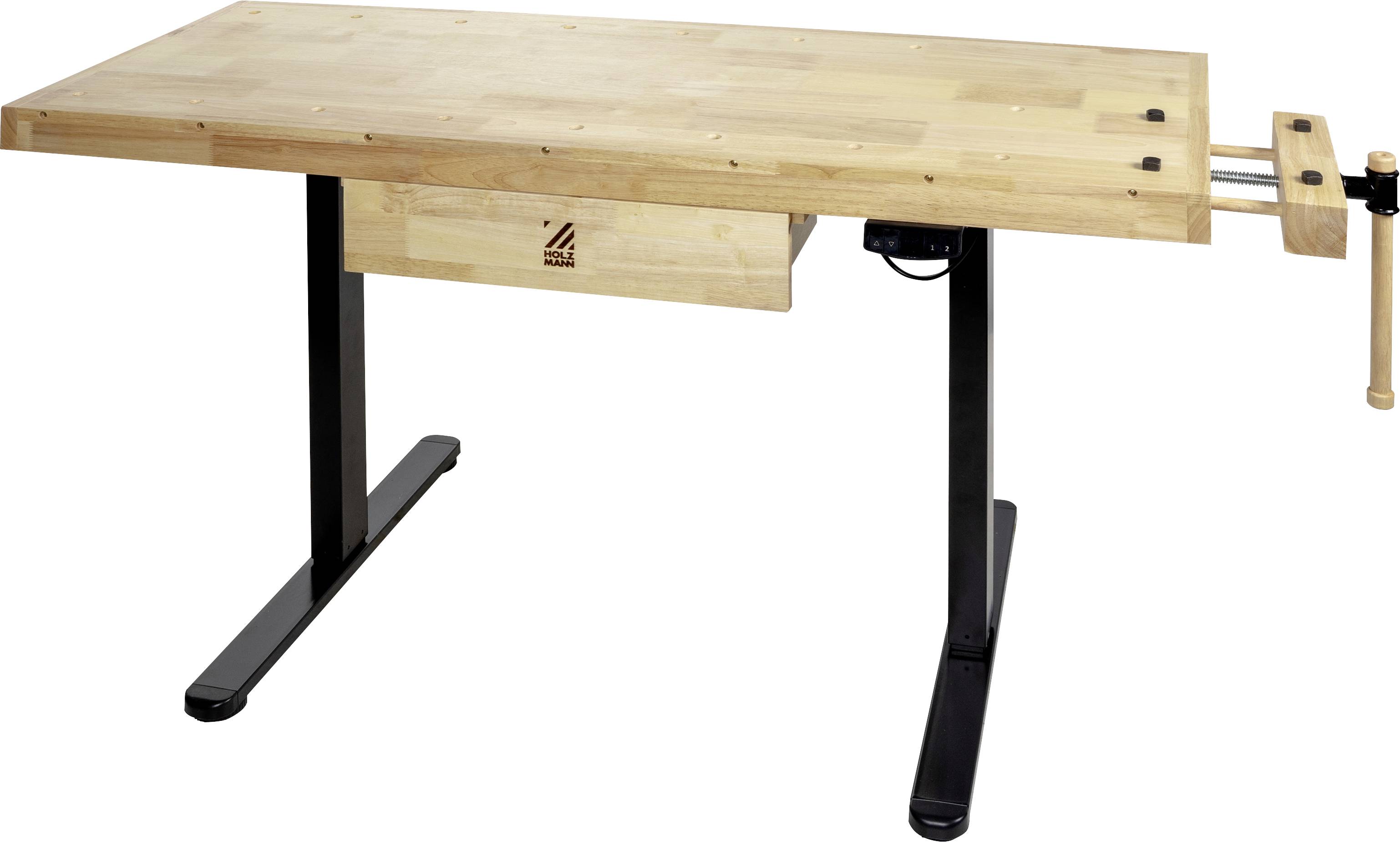 Eine Holzwerkbank mit einer glatten Oberfläche und einem Schraubstock an einer Seite. Sie hat schwarze Metallbeine und eine höhenverstellbare Funktion.