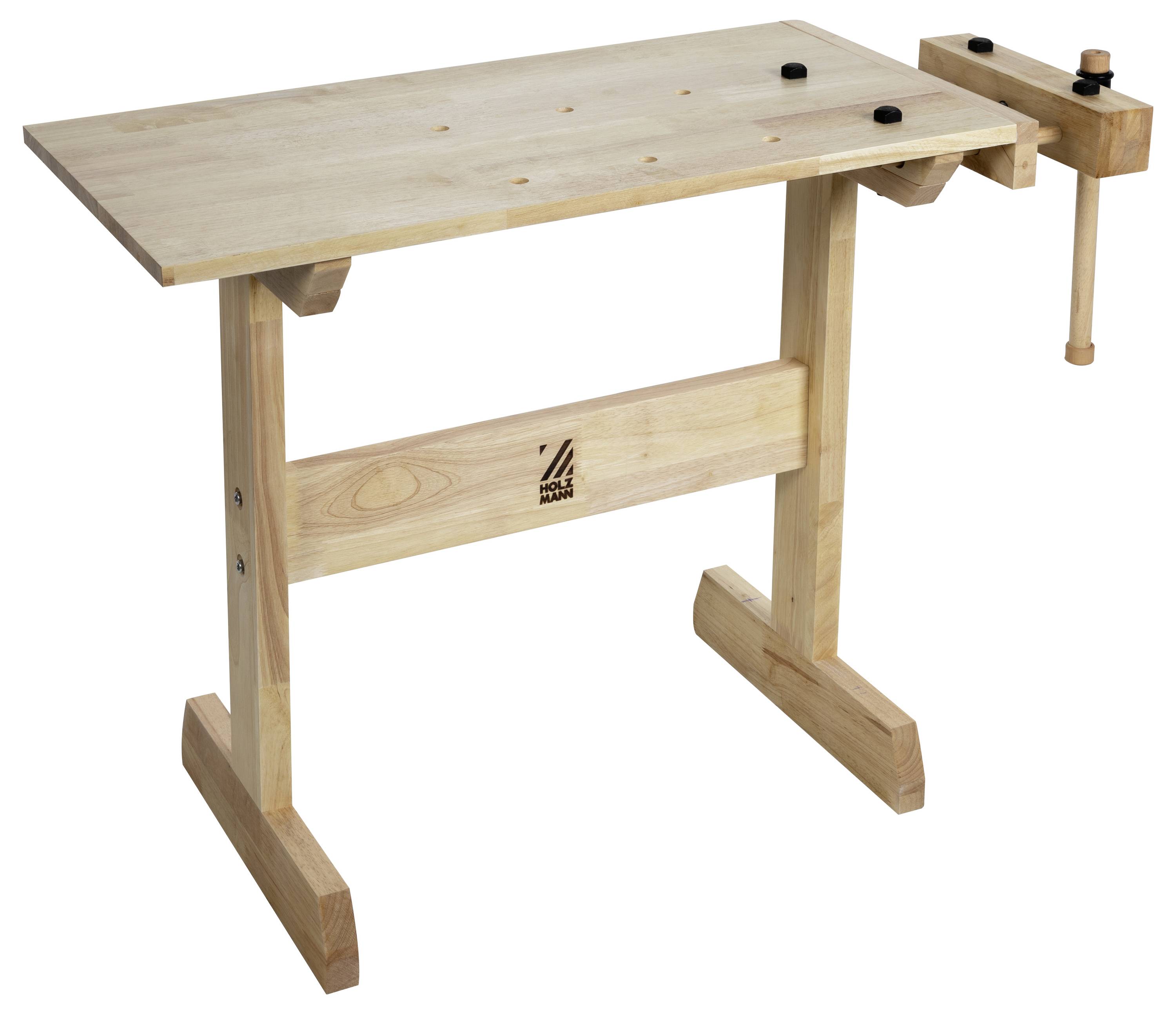 Eine einfache Holzwerkbank mit einer flachen Oberfläche und einer seitlichen Klemmvorrichtung zum Befestigen von Materialien während Holzarbeiten.