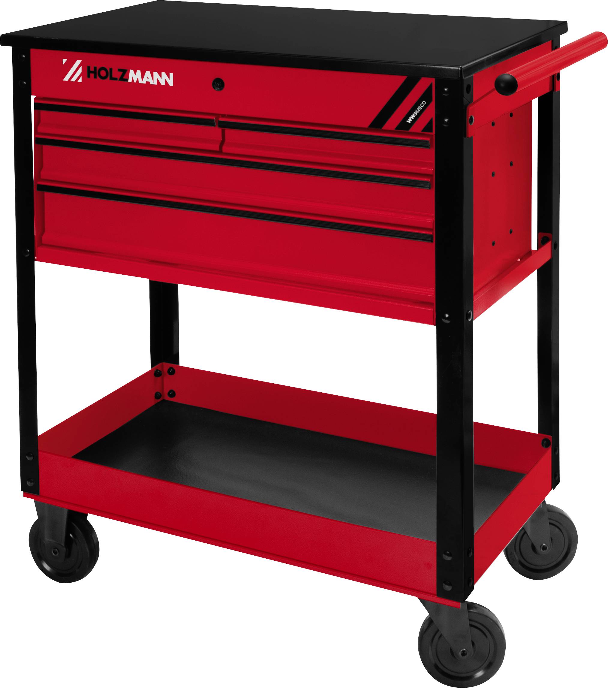 Ein rot-schwarzer Rollwerkzeugwagen mit drei Schubladen, einer flachen Oberfläche und einem offenen unteren Regal, ausgestattet mit vier Rollen für höhere Mobilität.