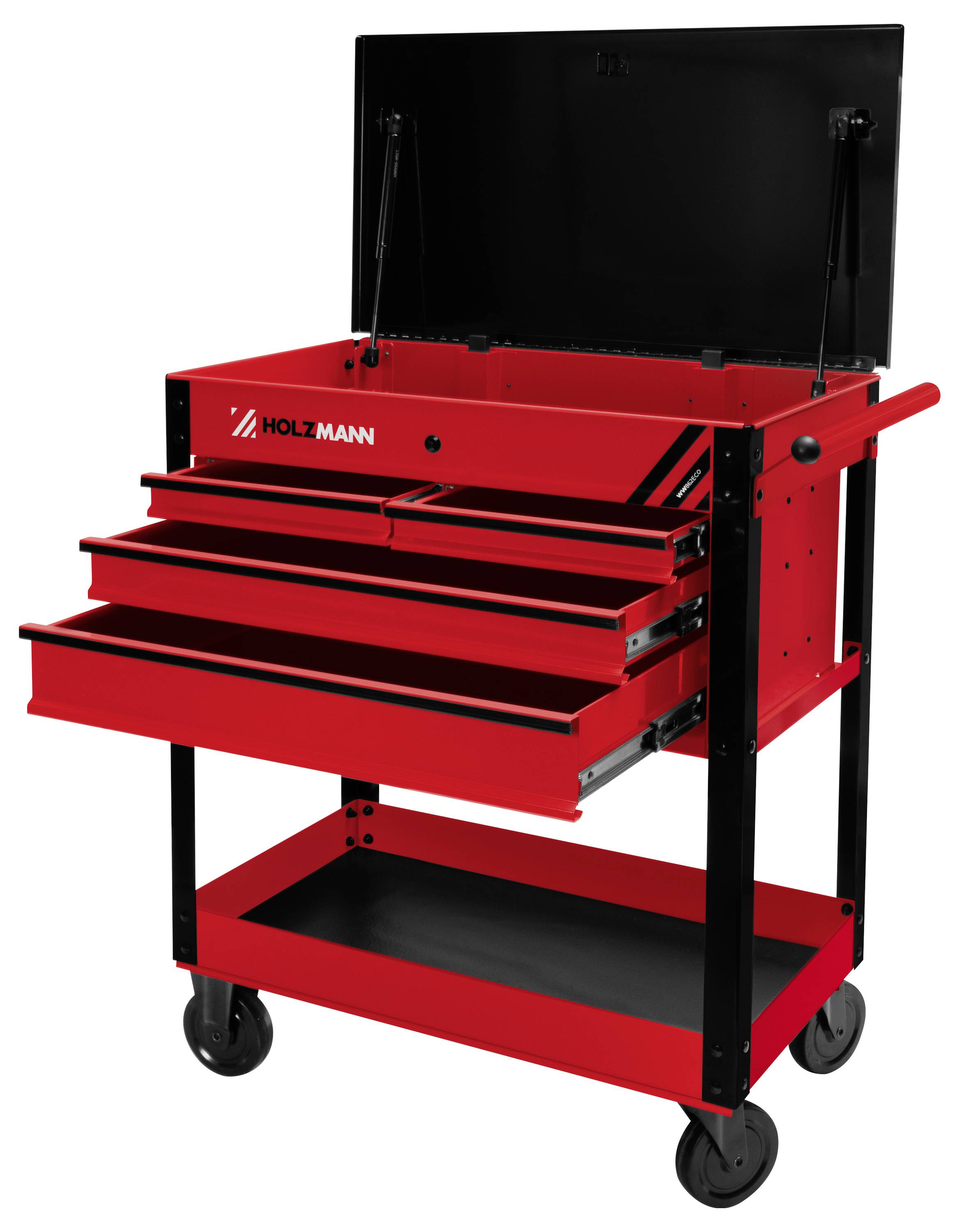 Ein roter Werkzeugwagen mit mehreren offenen Schubladen und einem schwarzen Deckel auf Rollen.