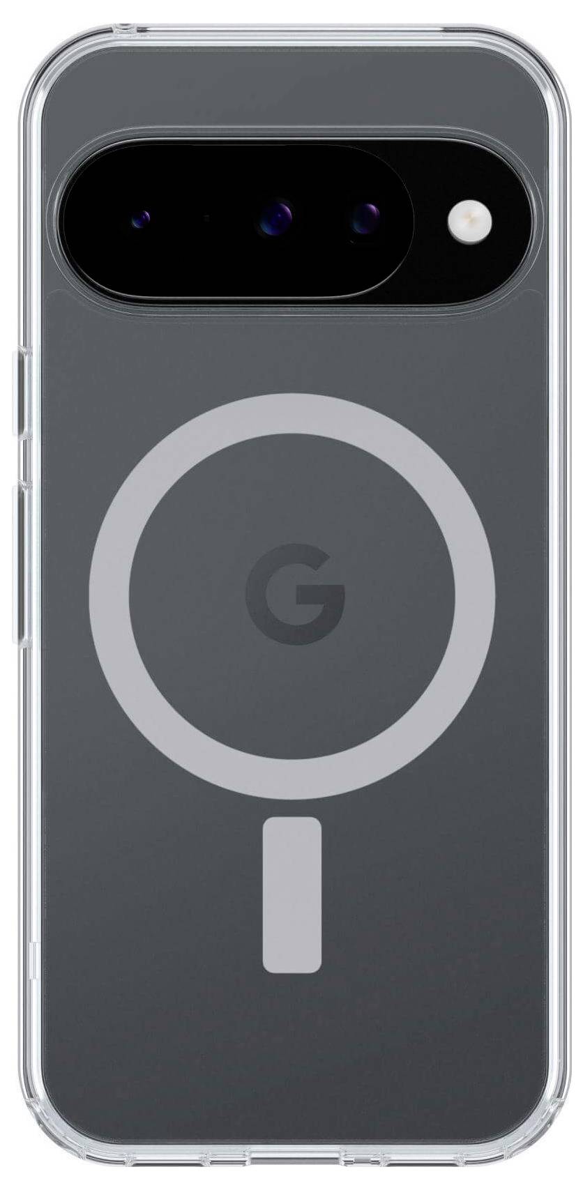 Ein Telefon mit einer durchsichtigen Hülle, das ein kreisförmiges Design auf der Rückseite mit einem 'G'-Logo in der Mitte zeigt.