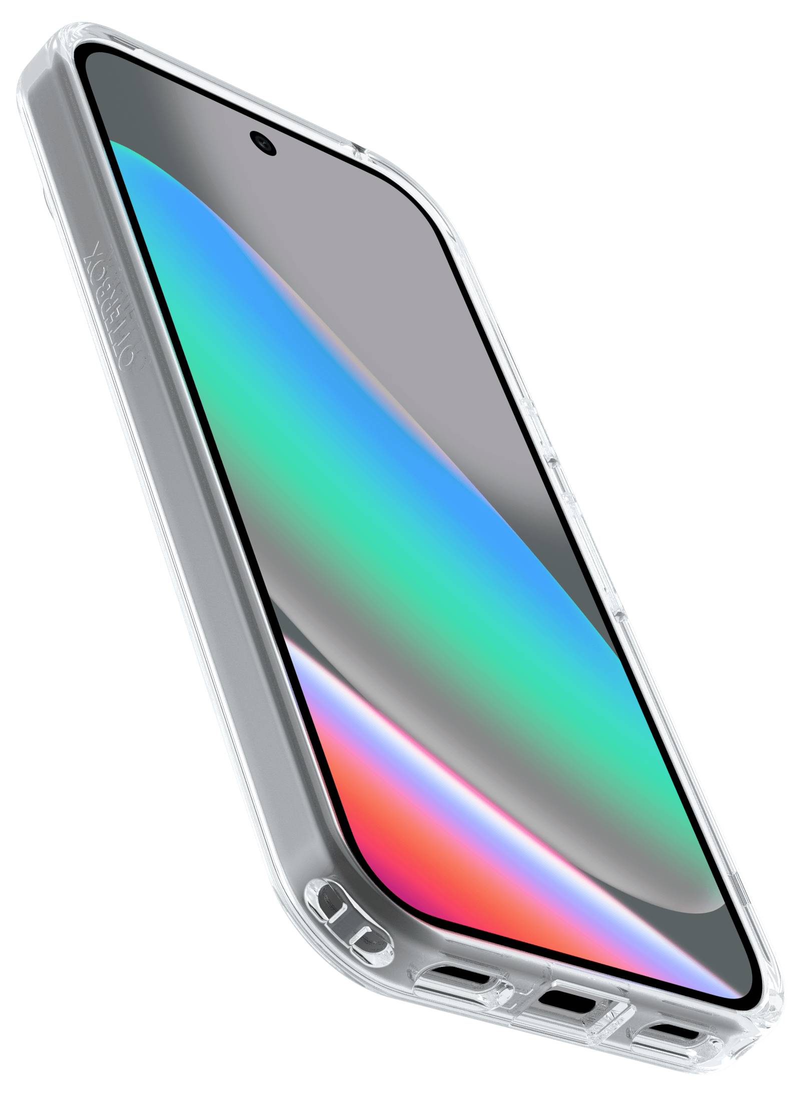 Ein Smartphone mit einem bunten Bildschirm ist in einer durchsichtigen Schutzhülle eingerahmt und von der Seite unter einem Winkel gezeigt.