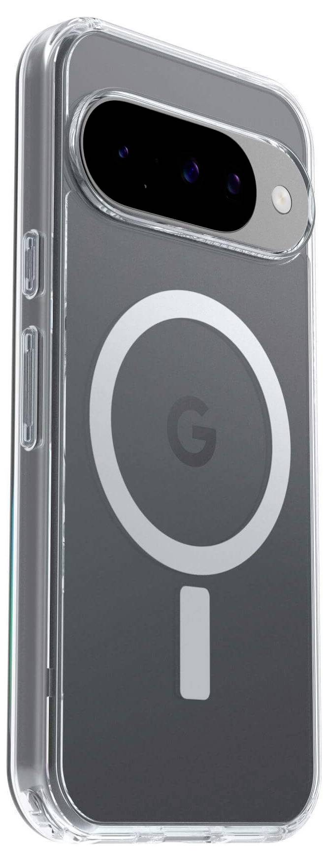 Ein Smartphone mit einer transparenten Hülle, die ein stilisiertes 'G' und ein kreisförmiges Design auf der Rückseite zeigt und die Markierung des Geräts hervorhebt.