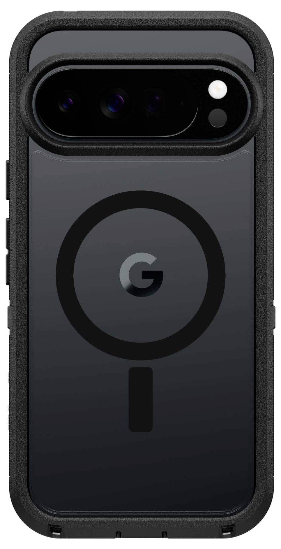 Ein schwarzes Smartphone, das die Rückseite zeigt, mit einem fetten 'G'-Logo und einem großen, runden Kameraaufsatz mit mehreren Linsen.