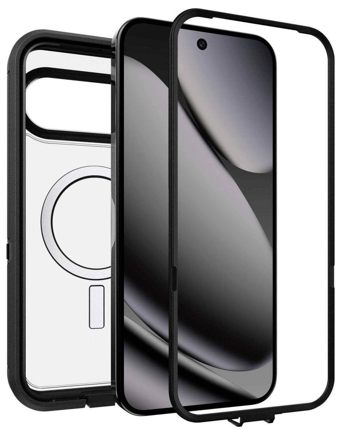 Eine zerlegte Handyhülle mit drei Schichten: Rückseite mit Ring, mittlere Schutzschale und vordere Bildschirmabdeckung.