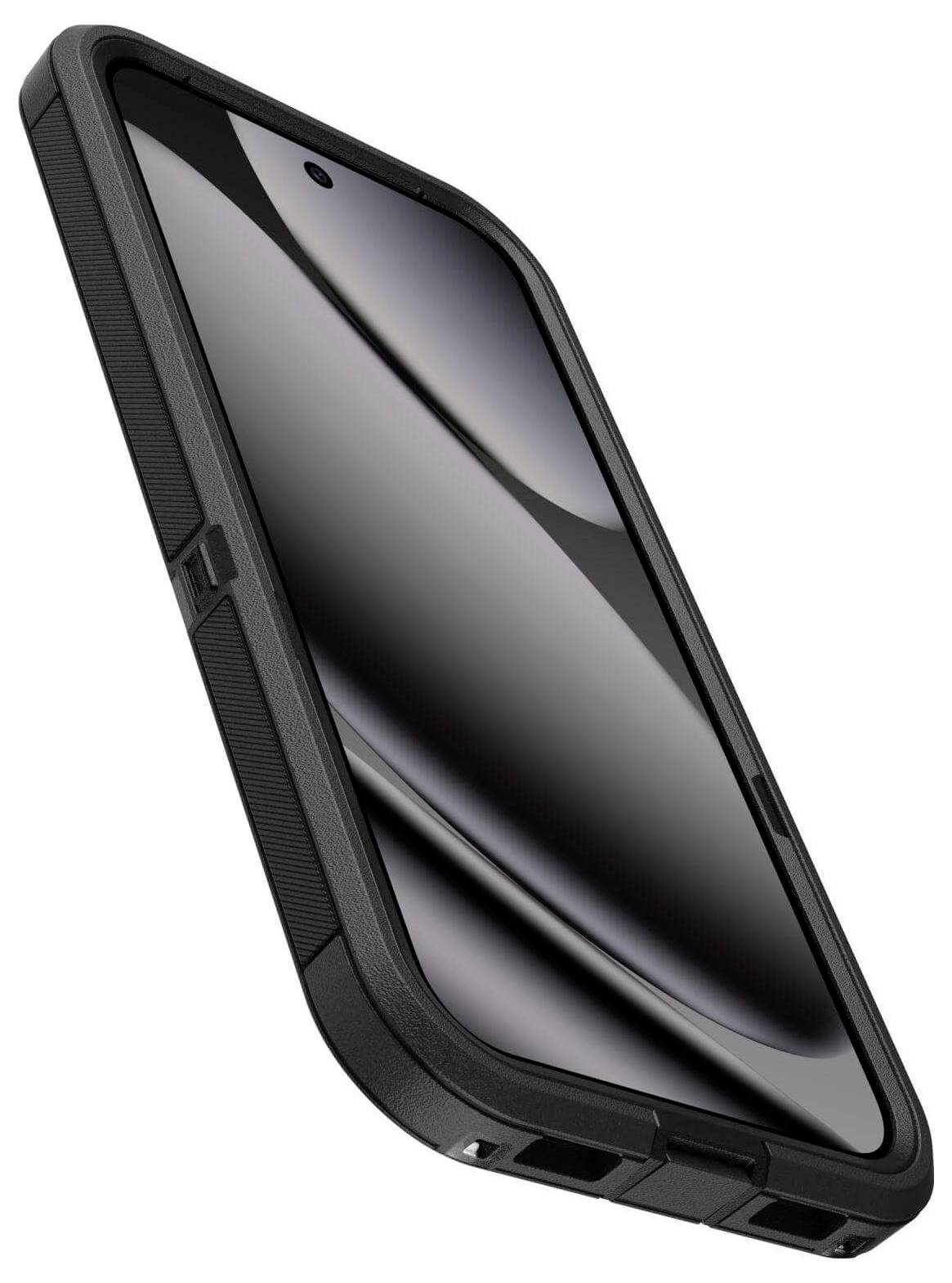 Eine robuste schwarze Smartphone-Hülle mit strukturierter Griffoberfläche und verstärkten Ecken, die auf einem modernen Smartphone platziert ist.