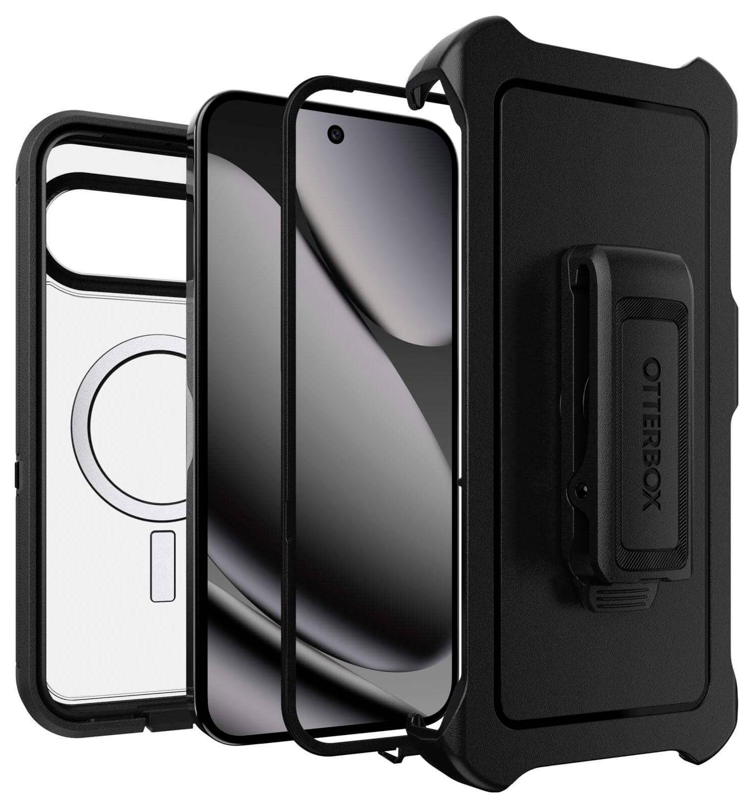 Explosionszeichnung einer robusten Handyhülle mit Gürtelclip und MagSafe-Kompatibilität, die mehrere Schutz- und Funktionsschichten zeigt.