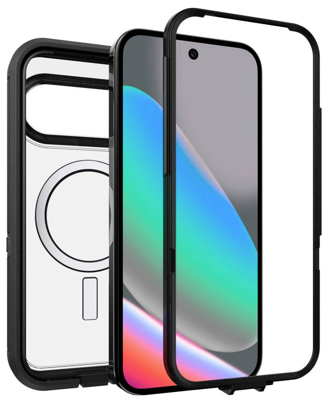 Schutzhülle für Mobiltelefone mit integriertem Displayschutz, die einen transparenten Rücken, einen magnetischen Ring zur Befestigung und eine Kameraobjektivabdeckung aufweist.