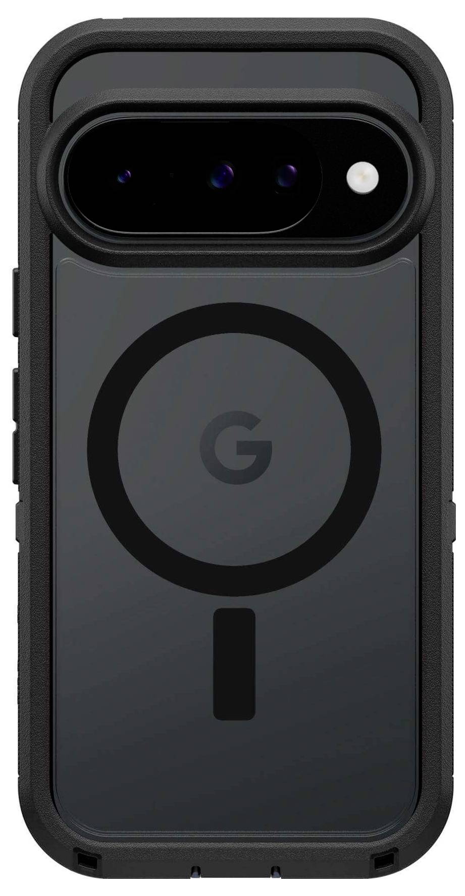 Ein Smartphone mit einem robusten, schwarzen Gehäuse, das ein 'G' Logo und ein großes Kameramodul auf der Rückseite trägt.