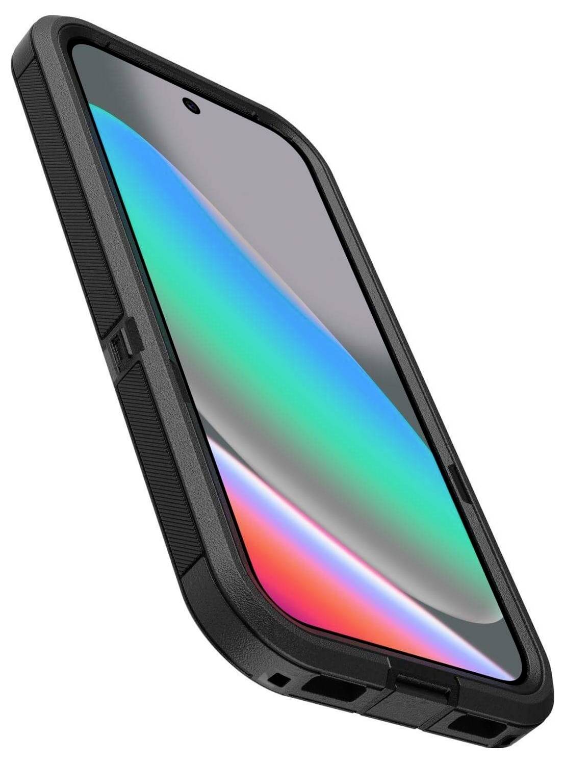 Ein Smartphone mit einem robusten, schwarzen Schutzgehäuse, aus einem leicht geneigten Winkel präsentiert, das seinen farbenfrohen Bildschirm mit Gradientendesign zeigt.