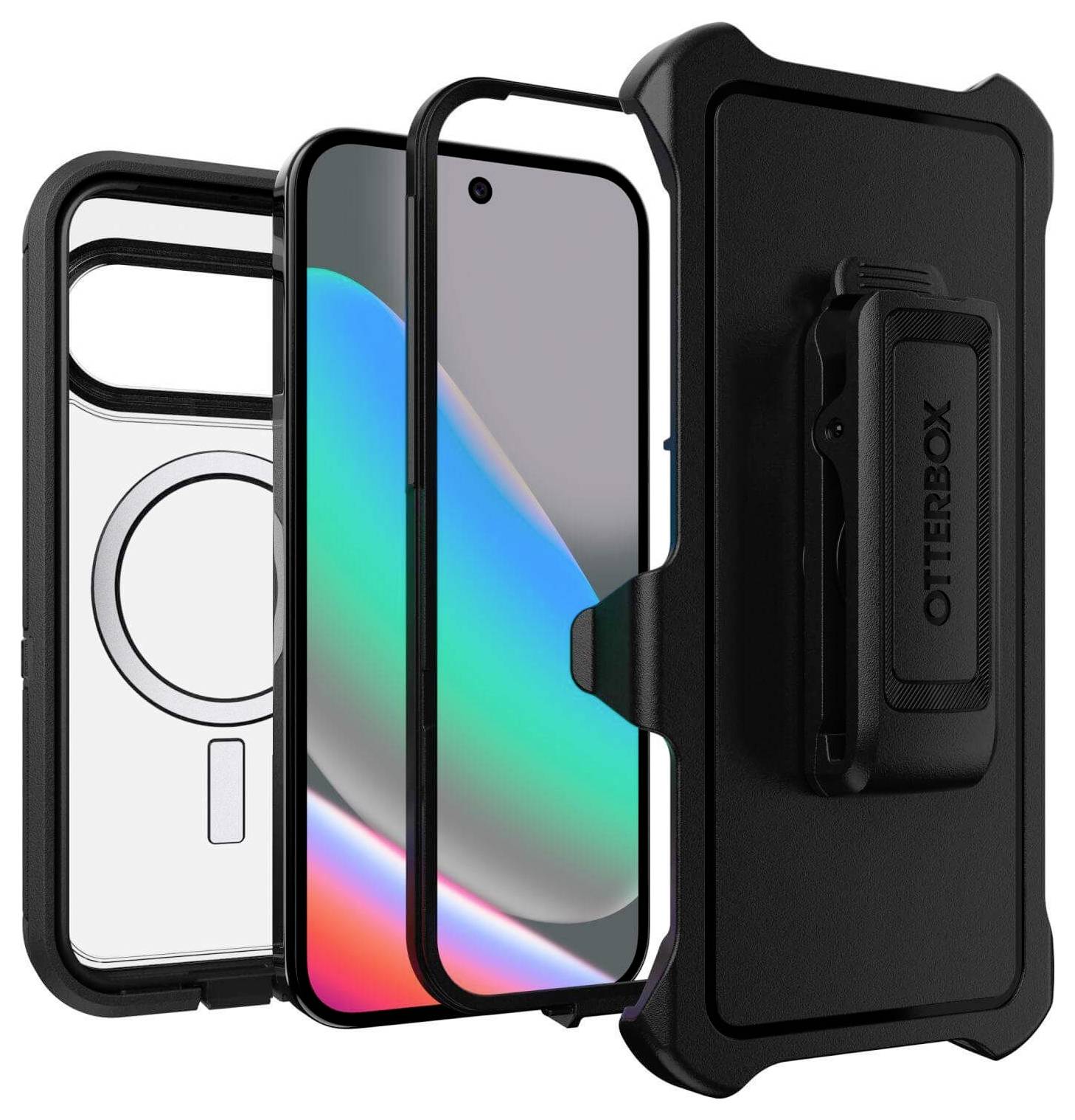 Ein robustes Handyhülle mit Clip und mehreren Schichten, entwickelt für Schutz. Die Schichten umfassen eine transparente Abdeckung und einen harten Rücken.