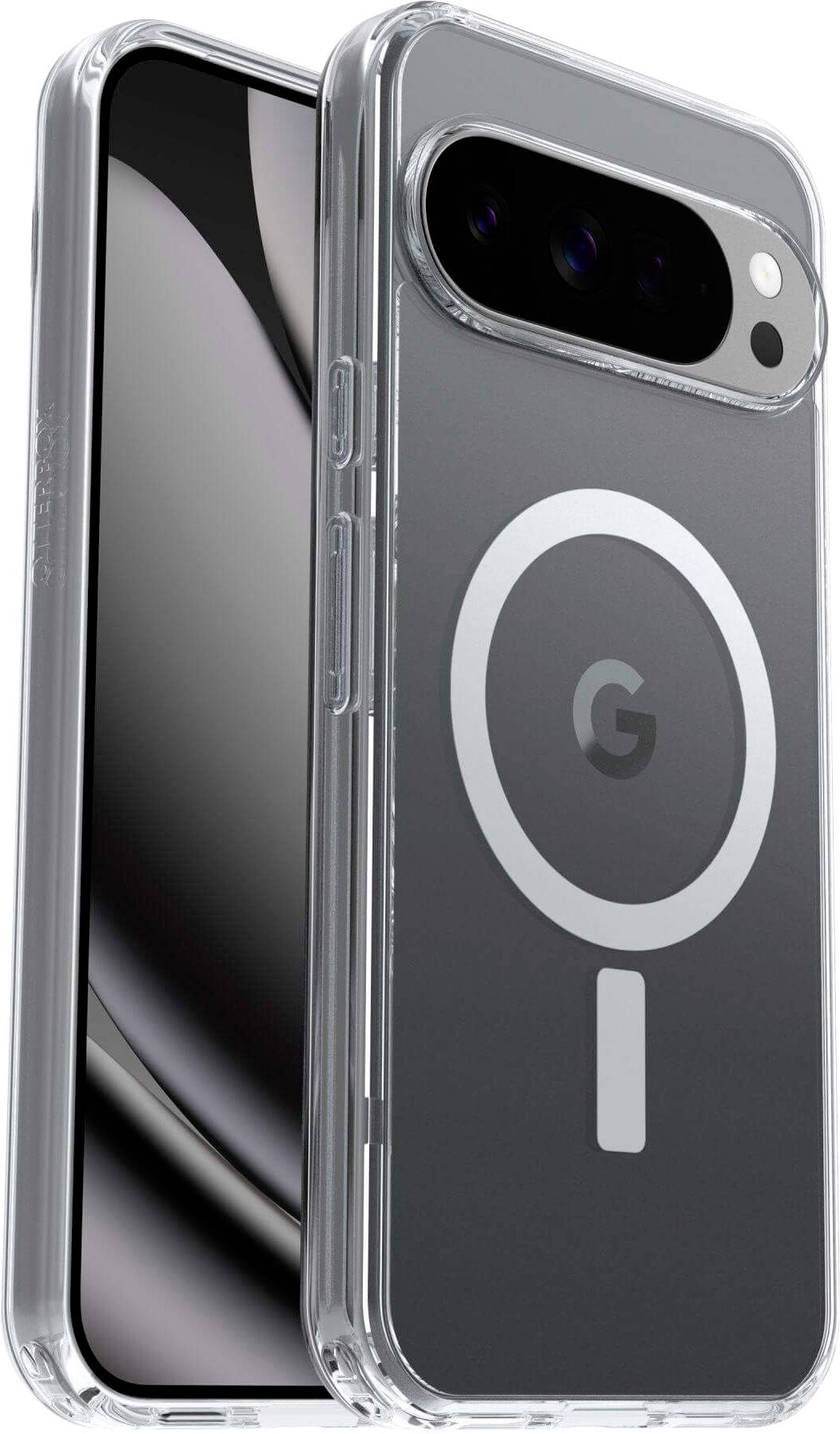 Handyhülle mit transparentem Rücken, die ein kreisförmiges Design und ein 'G' Logo aufweist und ihre MagSafe-Kompatibilität präsentiert.