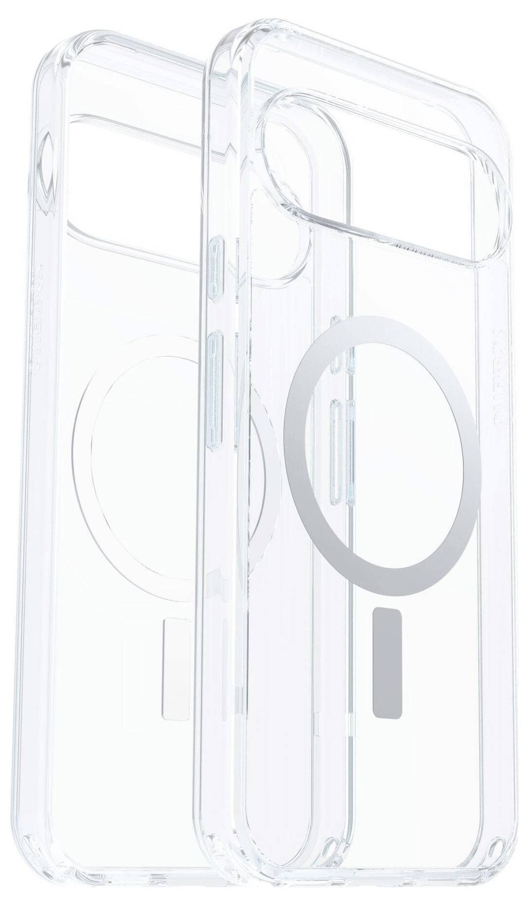 Eine transparente Handyhülle mit MagSafe-Kompatibilität, die Vorder- und Rückansicht zeigt. Die Hülle verfügt über ein kreisförmiges MagSafe-Umrissdesign.