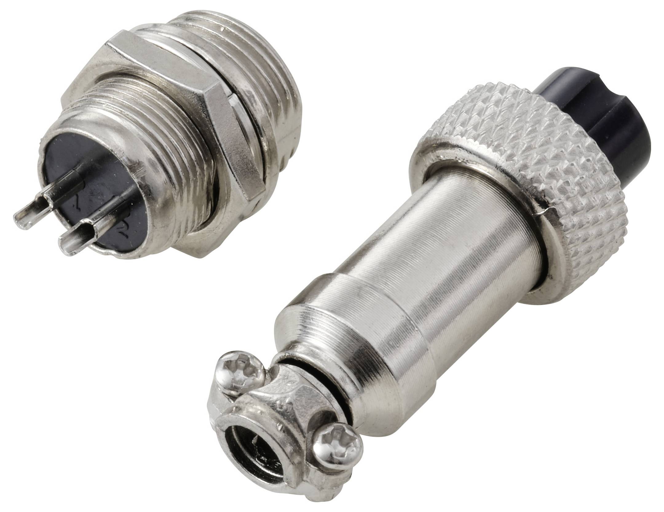 Zwei Koaxialkabel-Metallverbinder mit Gewinde- und Rillenflächen, die für sichere elektrische Verbindungen verwendet werden.