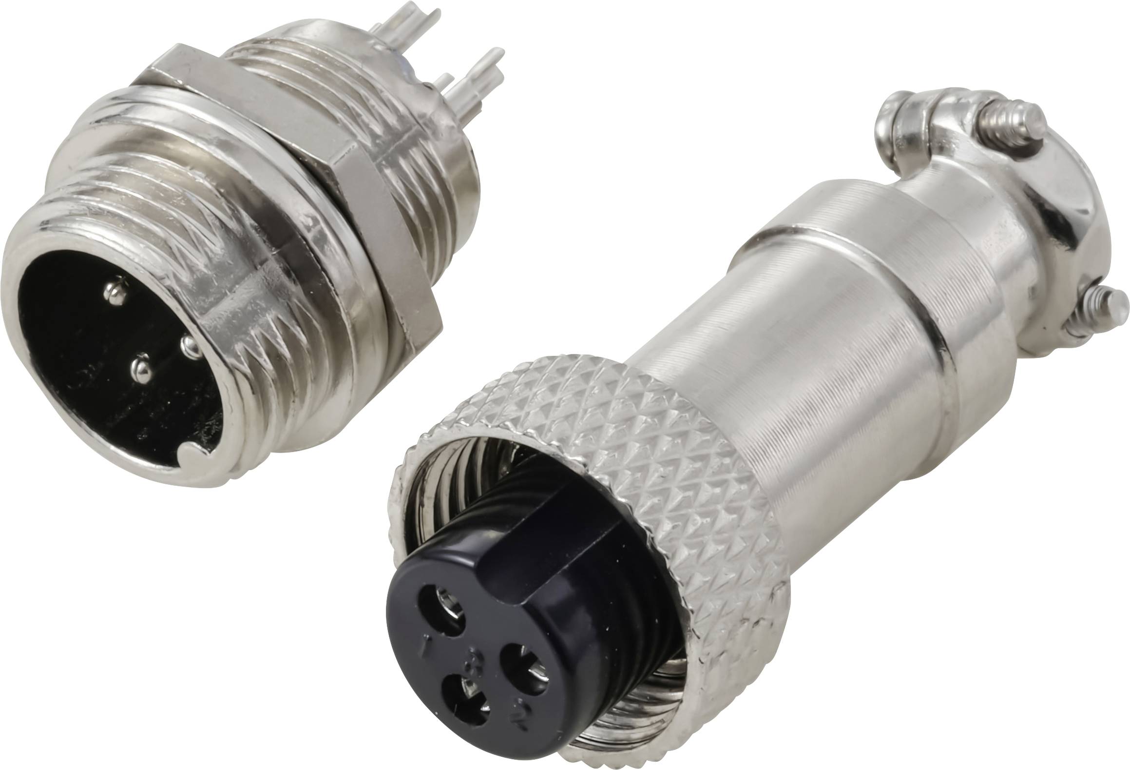 Eine Nahaufnahme eines metallischen elektrischen Verbindungsstücks mit drei Pins und einer passenden kreisförmigen Buchse, aus verschiedenen Winkeln zur Detaildarstellung gezeigt.