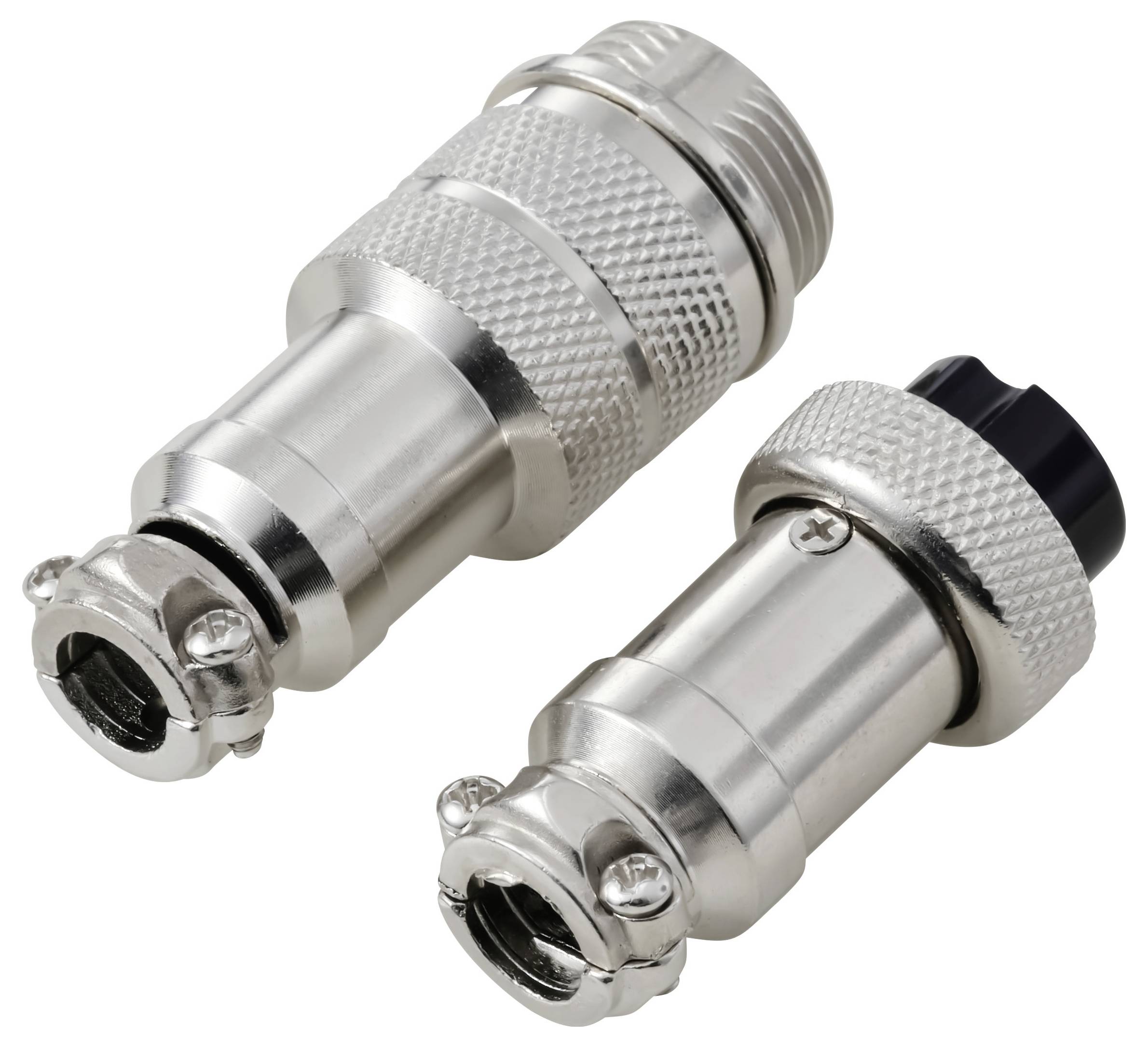 Zwei metallische Anschlüsse mit gerilltem Griff und Verschlussmechanismen, nebeneinander dargestellt, zur sicheren elektrischen Verbindung.