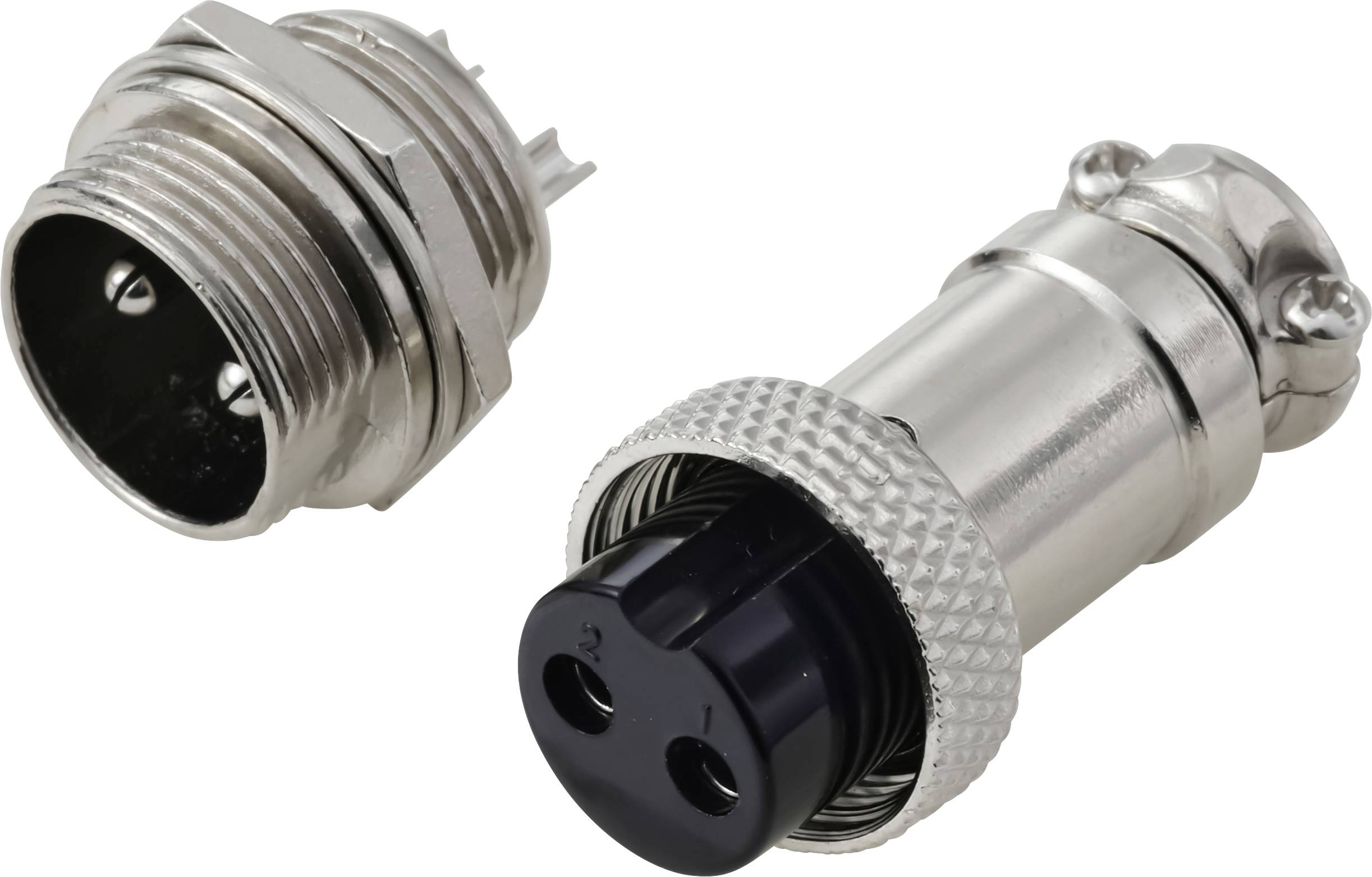 Ein zweiteiliger Metall-Elektroanschluss mit einem verschraubbaren Kopplungsmechanismus, wobei ein Teil zwei Stifte aufweist und der andere Teil die passenden Buchsen besitzt.