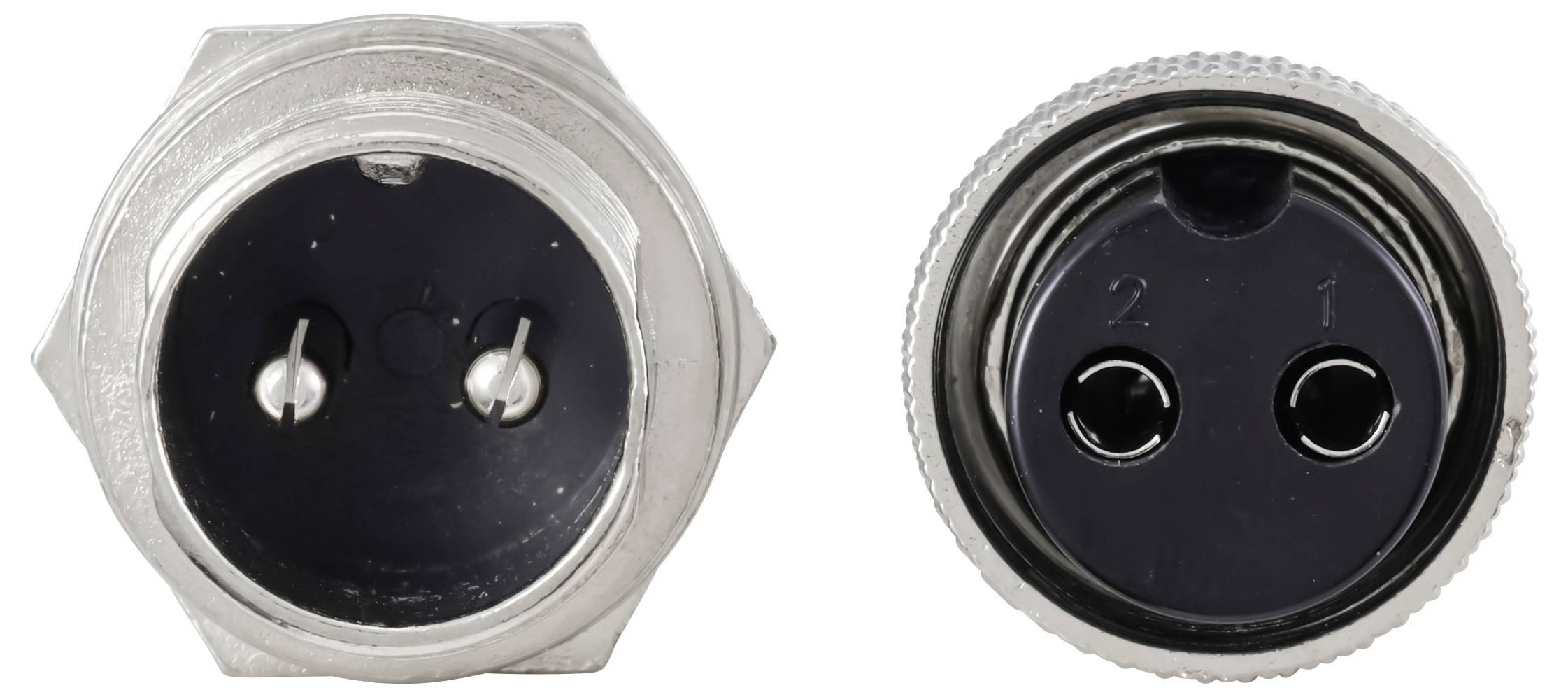Zwei Metallverbinder mit jeweils zwei Pins, einer mit der Beschriftung 2 und der andere mit der Beschriftung 1, die für elektrische Verbindungen verwendet werden.