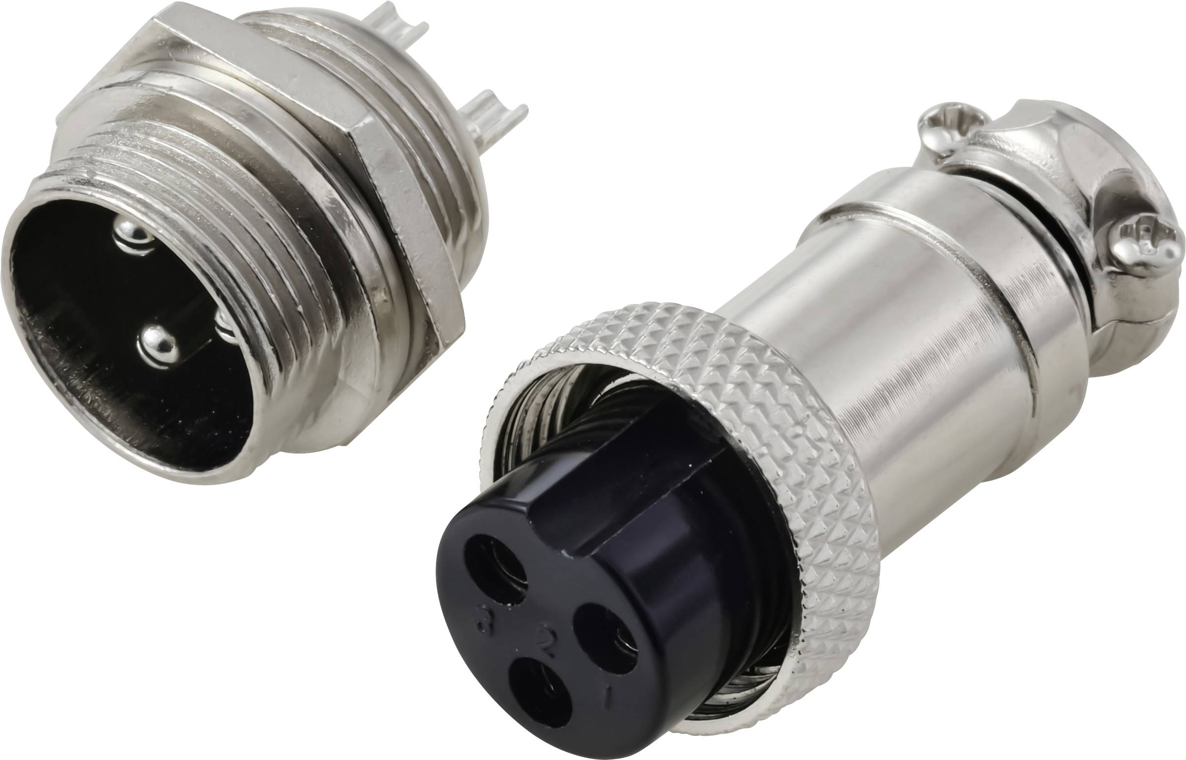 Kreisförmiger Metall-Verbindungsstecker und -buchse, Dreipolen-Design, geeignet für industrielle oder elektronische Anwendungen, zerlegt dargestellt.
