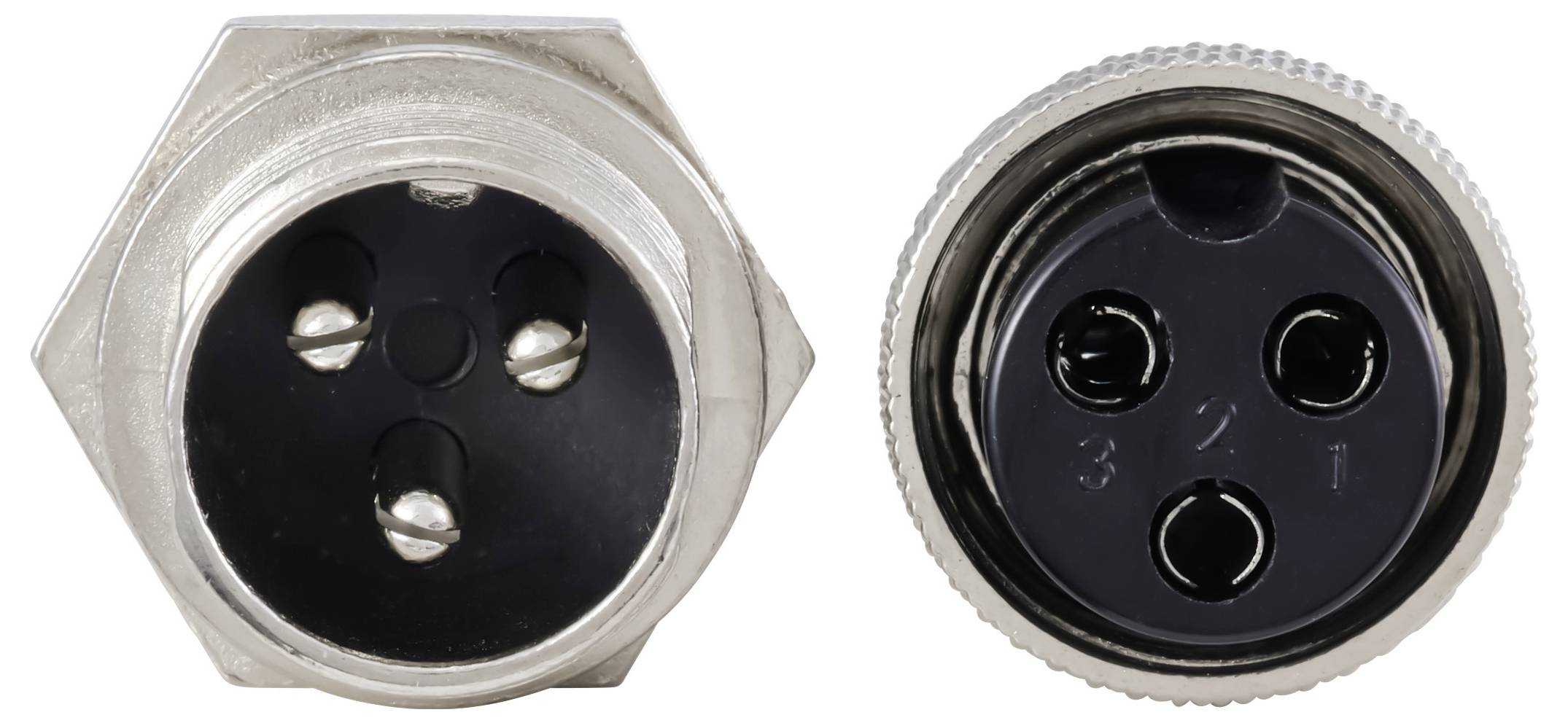 Eine Nahaufnahme eines dreipinigen elektrischen Steckverbinders, die die Vorderseite sowohl der männlichen als auch der weiblichen Enden zeigt, mit den Nummern 1, 2 und 3.