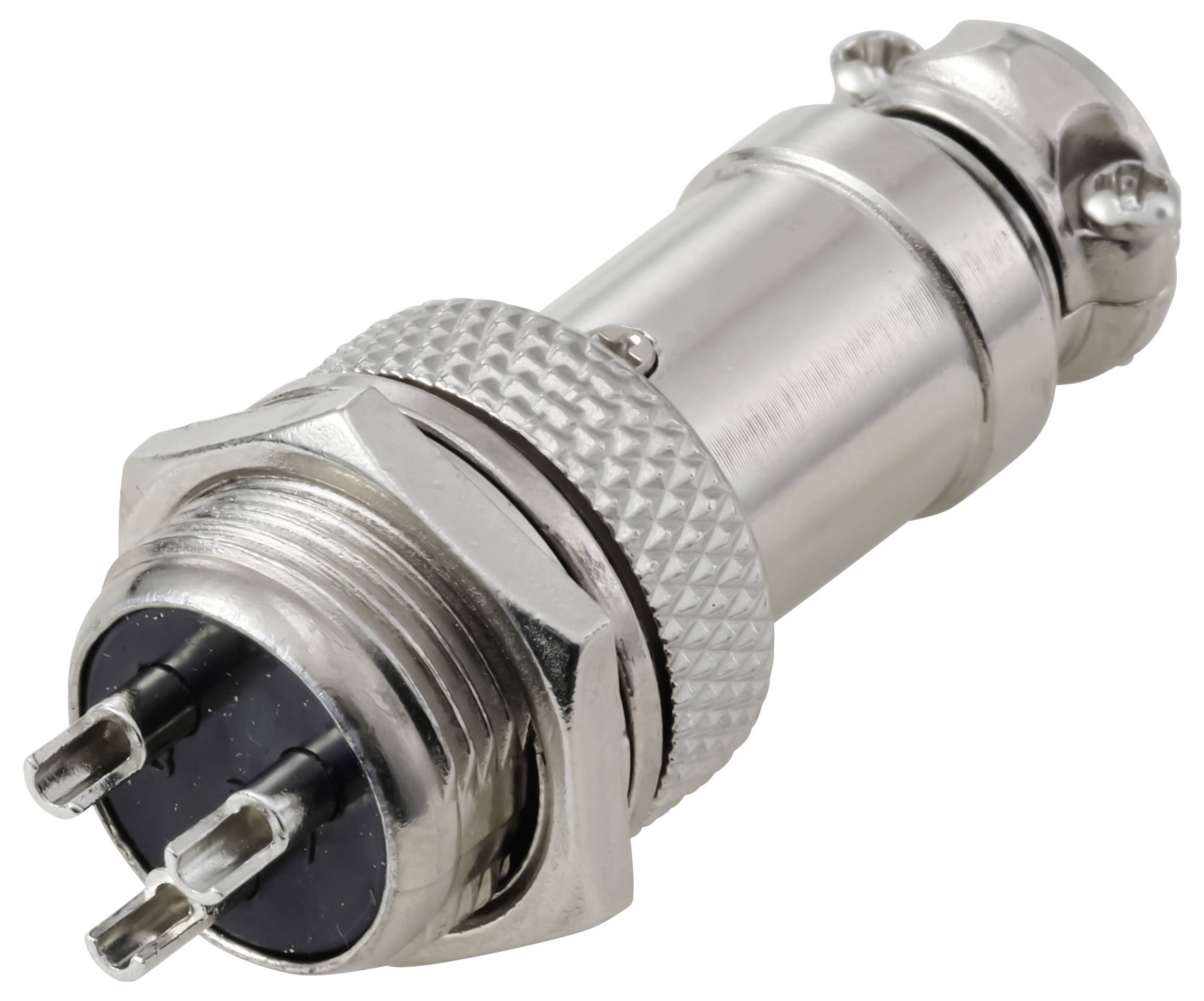 Ein metallischer kreisförmiger Stecker mit drei Pins und einem gerillten Griff, entwickelt für sichere elektrische Verbindungen in verschiedenen Geräten.
