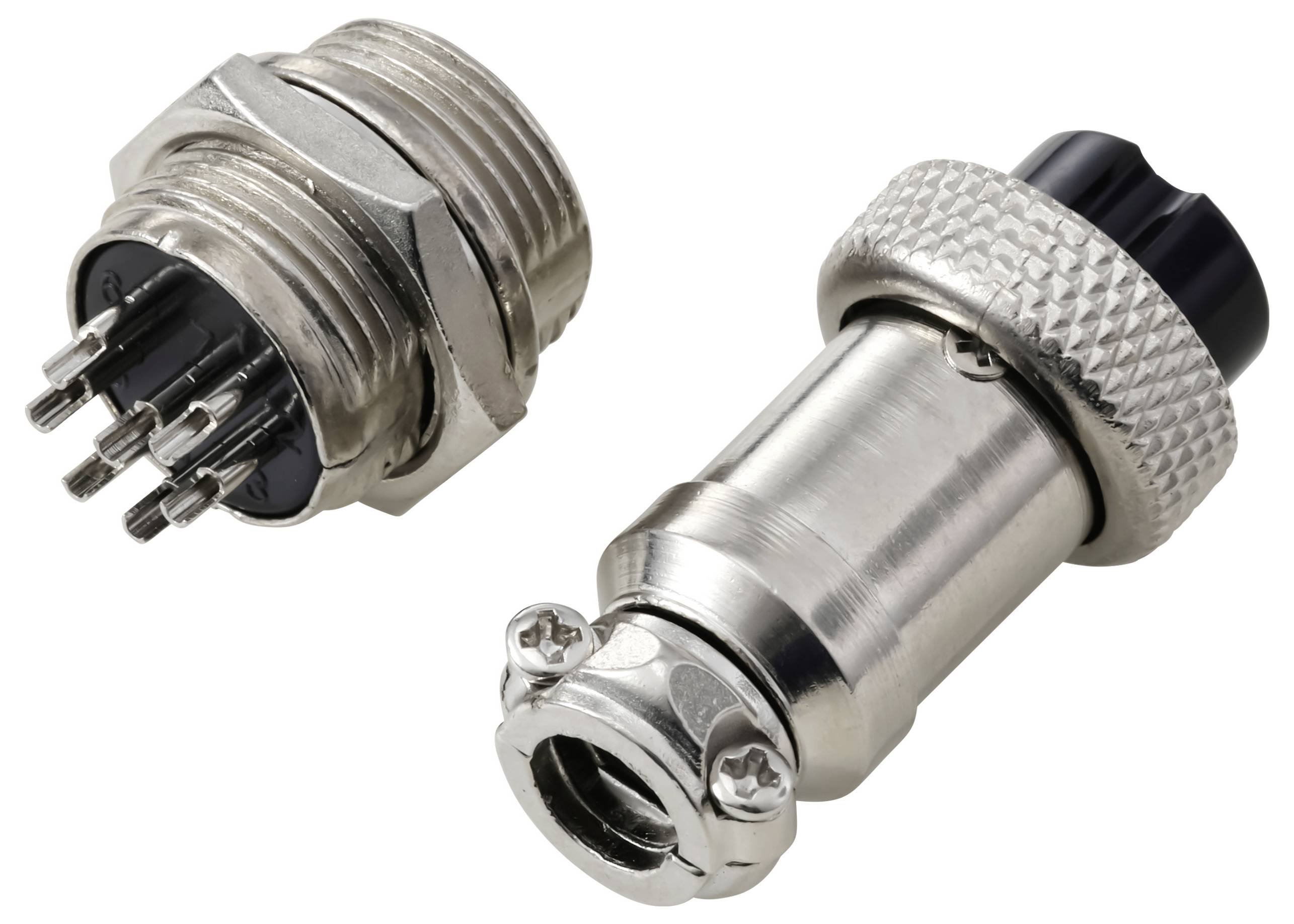 Metallische elektrische Steckverbinder mit mehreren Pins und Schraubbefestigungen, die für sichere und zuverlässige Verbindungen in elektronischen Geräten konzipiert sind.