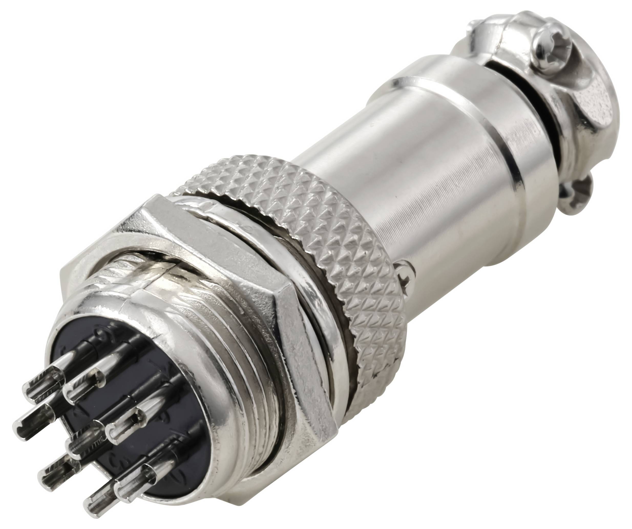 Ein metallischer Mehrfachstift-Steckverbinder mit einem verschraubbaren Kupplungsring, der für sichere elektrische Verbindungen in verschiedenen Anwendungsbereichen verwendet wird.