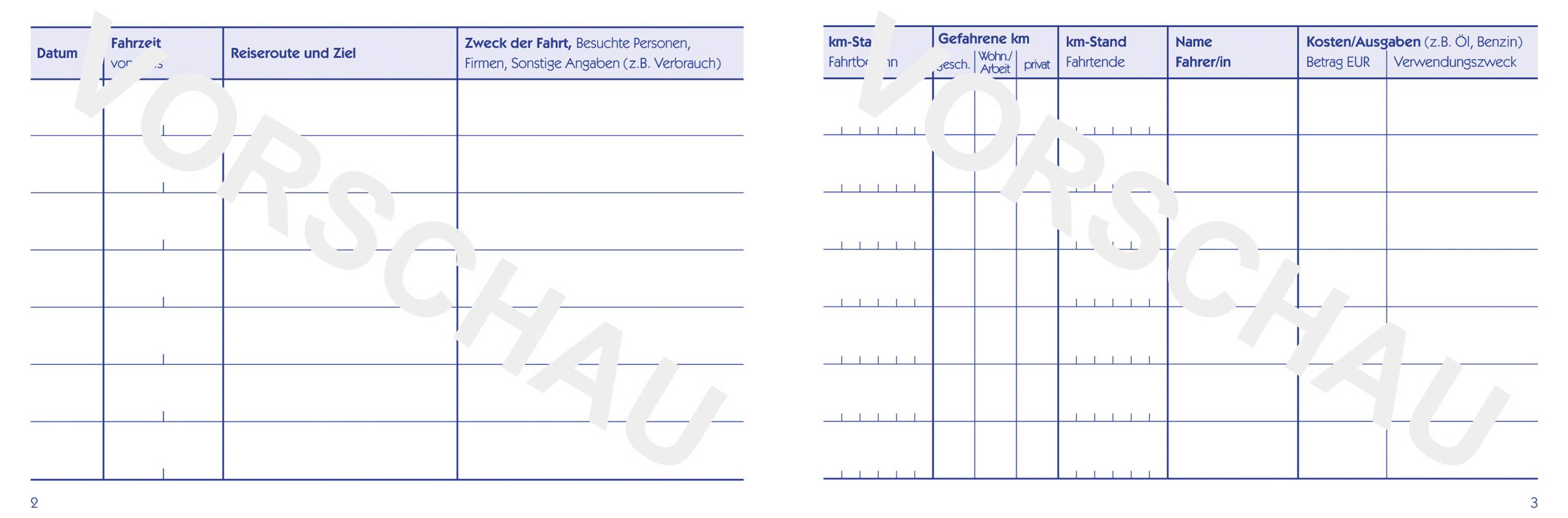 Eine leere Tabelle zur Dokumentation von Reisedetails, einschließlich Spalten für 'Datum', 'Route', 'Zweck' und 'Reisende Informationen'. 'VORSCHAU' Wasserzeichen oben.