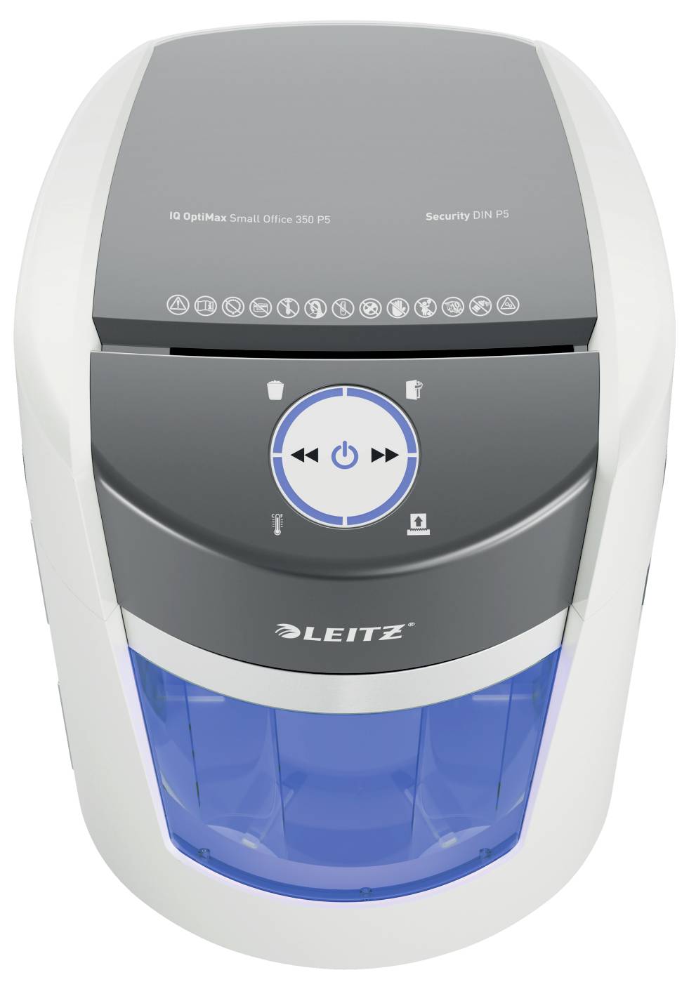 Ein weißer und grauer Aktenvernichter mit einem blauen Behälter, mit Bedienungstasten und einem Leitz-Logo an der Vorderseite.