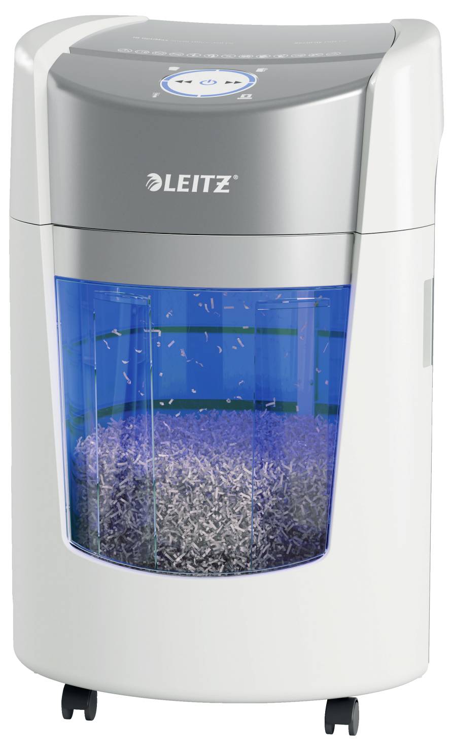 Ein weißer Papierschredder mit einem transparenten Abschnitt, der zerrissenes Papier im Inneren sichtbar macht. Der Markenname wird oben angezeigt.