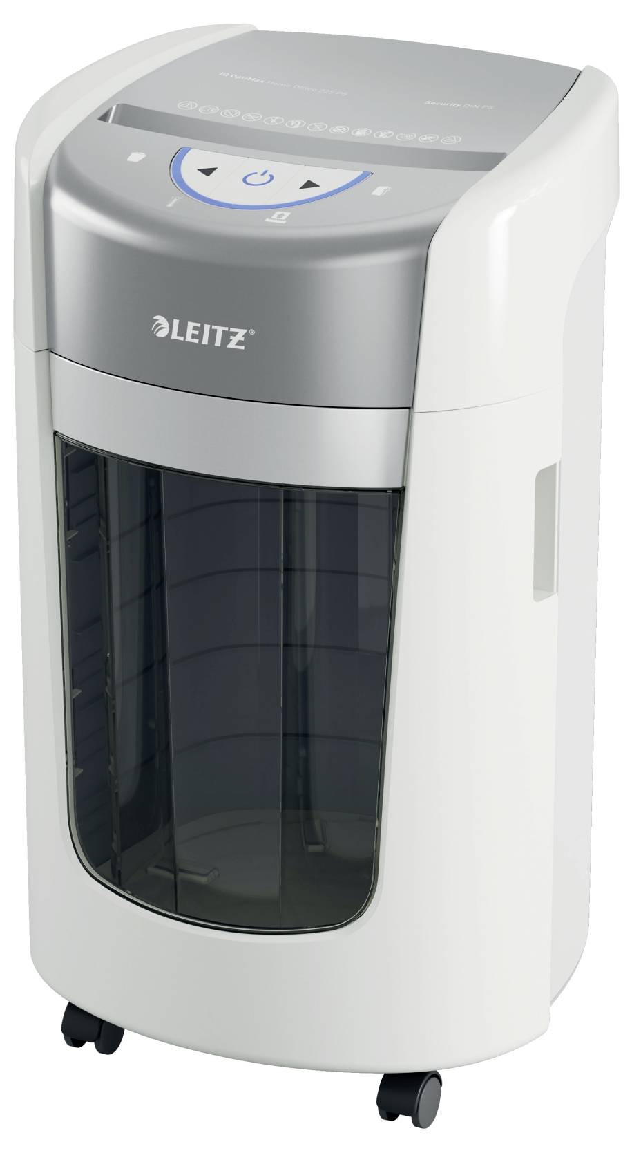 Ein weißer und silberner Aktenvernichter mit transparentem Auffangbehälter, elegantem Design und Rollen für Mobilität, der Marke LEITZ.