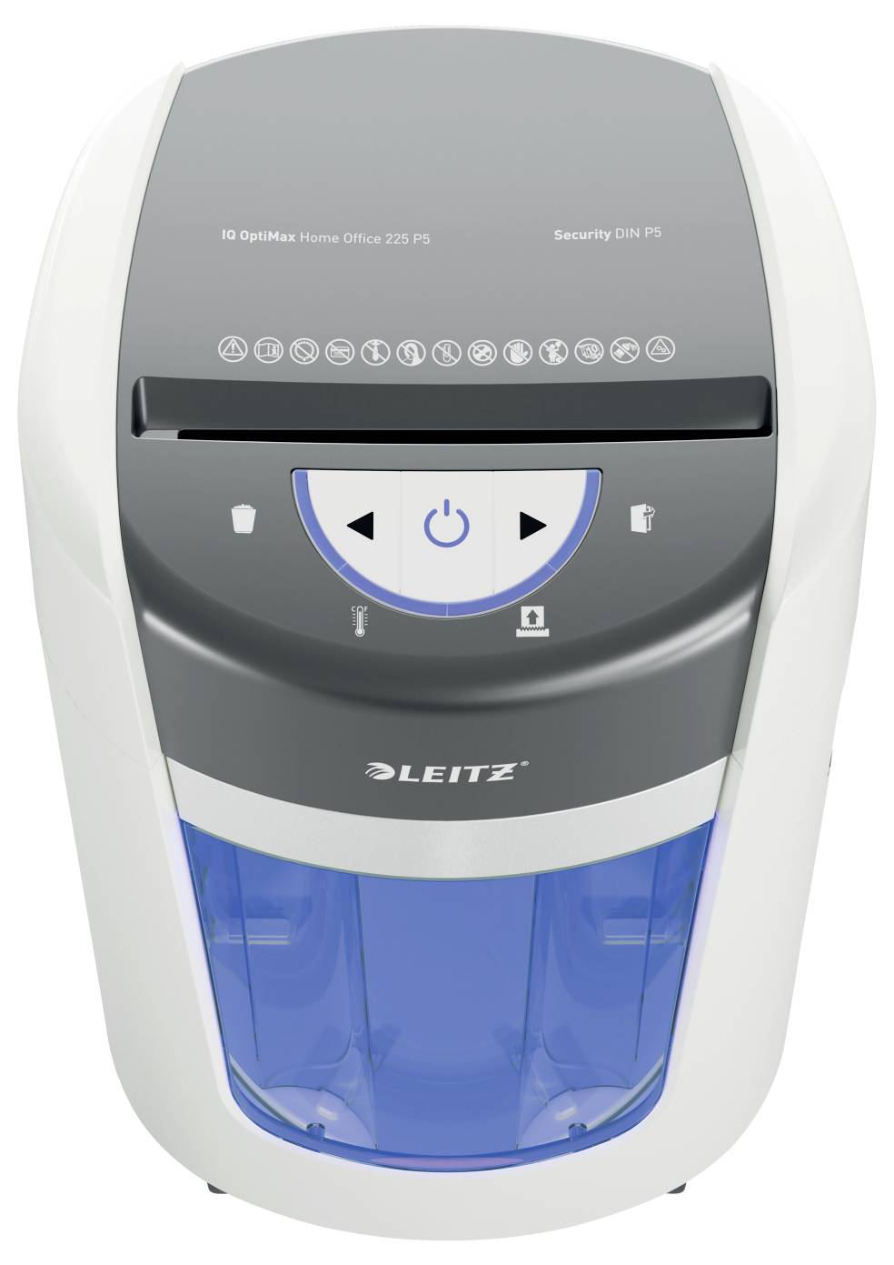 Ein weißer und grauer Aktenvernichter mit einem blauen Behälter, mit Bedienknöpfen auf der Oberfläche und der Marke 'Leitz', die auf der Vorderseite angezeigt wird.