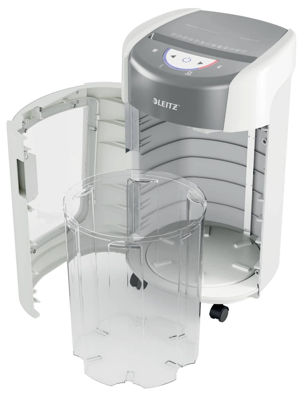 Leitz-Aktenvernichter mit geöffneter Tür, der den internen Behälter und den Zerkleinerungsmechanismus zeigt, konzipiert für die Entsorgung und Verwaltung von Büropapier.