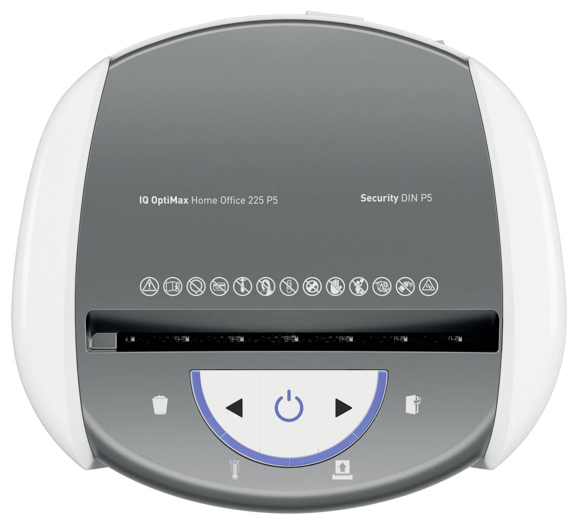 Das Bild zeigt die Draufsicht eines Aktenvernichters, gekennzeichnet mit 'IQ OptiMax Home Office 225 P5' und 'Security DIN P5', mit verschiedenen Symbolen zur Steuerung des Aktenvernichters.