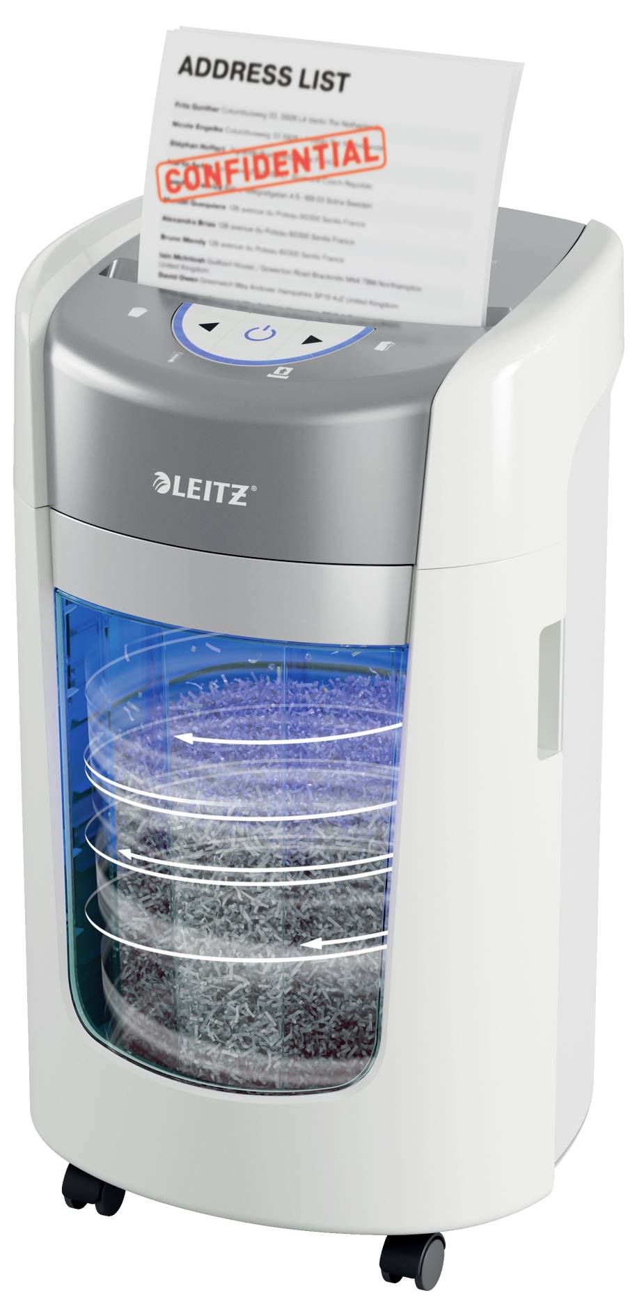 Ein Aktenvernichter der Marke 'Leitz' zerkleinert ein Dokument, das mit 'ADRESSENLISTE' beschriftet ist und oben einen roten 'VERTRAULICH'-Stempel trägt.