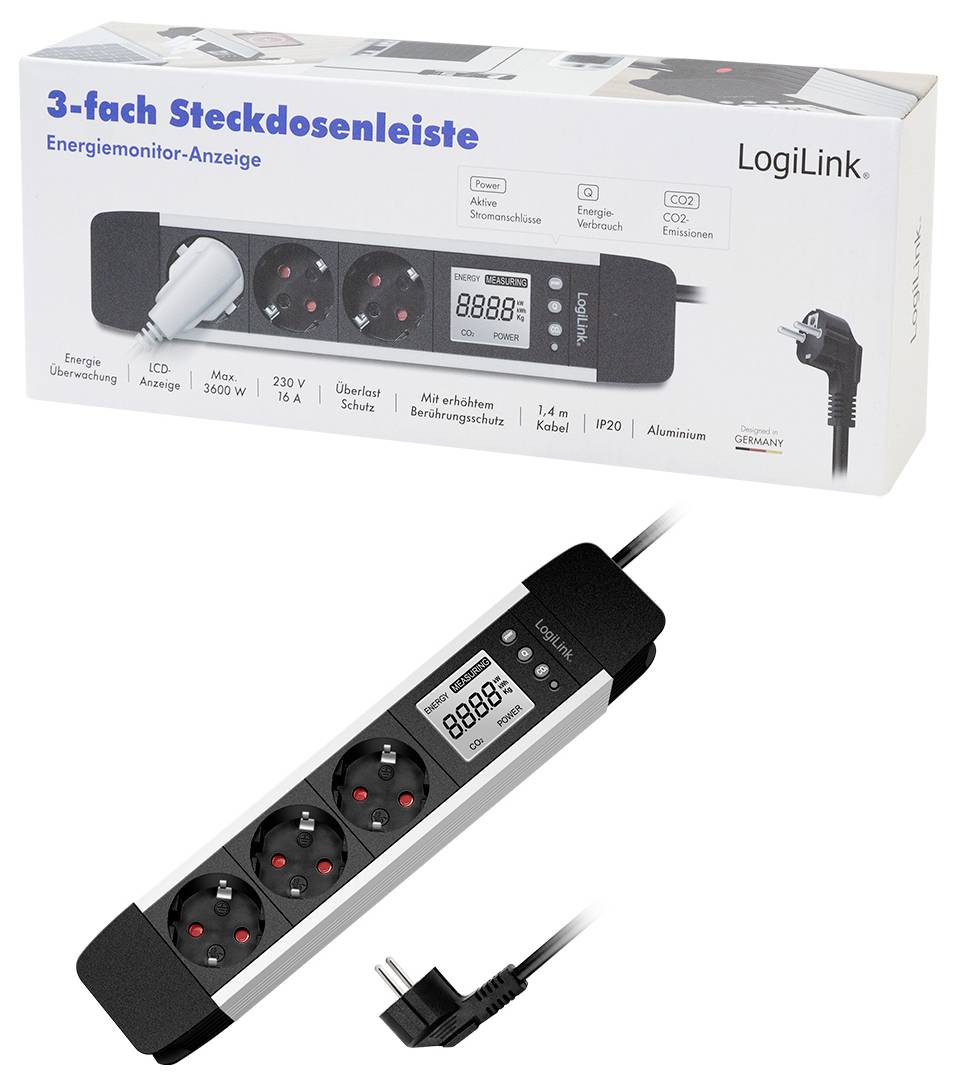 LogiLink LPS285 Energiesparsteckdose Schwarz, Silber Schutzkontakt 1St.